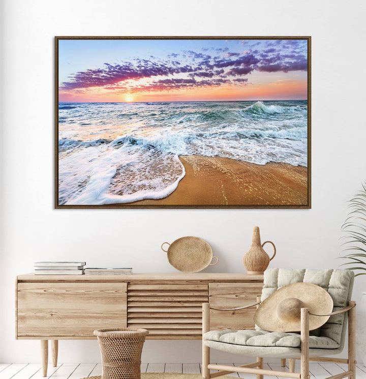 The Coastal Sunset Art Canvas Print features ocean waves beneath a vibrant sky in a stunning 3-panel seascape.