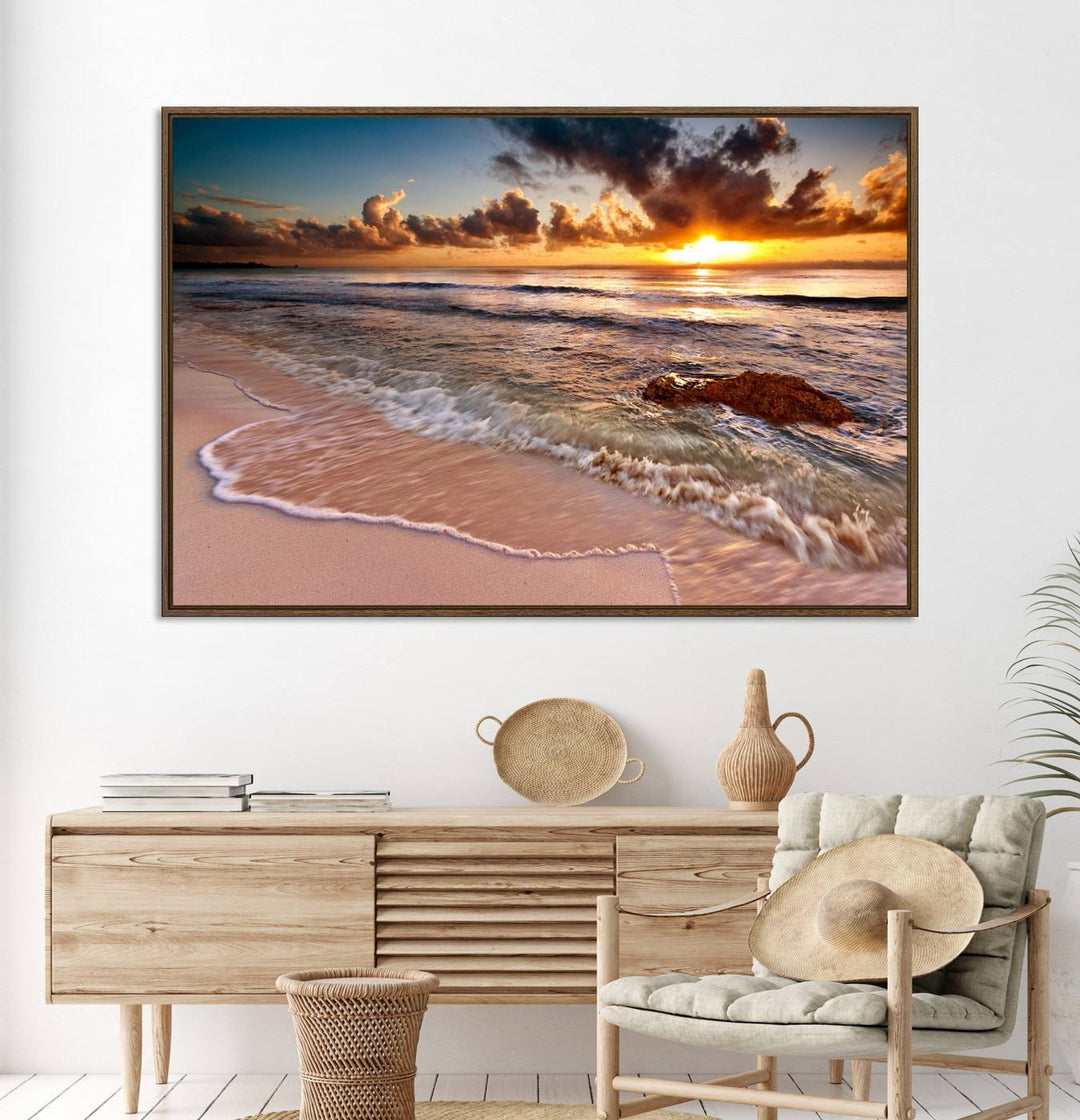 The Sunset on Ocean Wall Art Canvas Print beautifully captures a beach sunset, gentle waves, and a peaceful atmosphere.