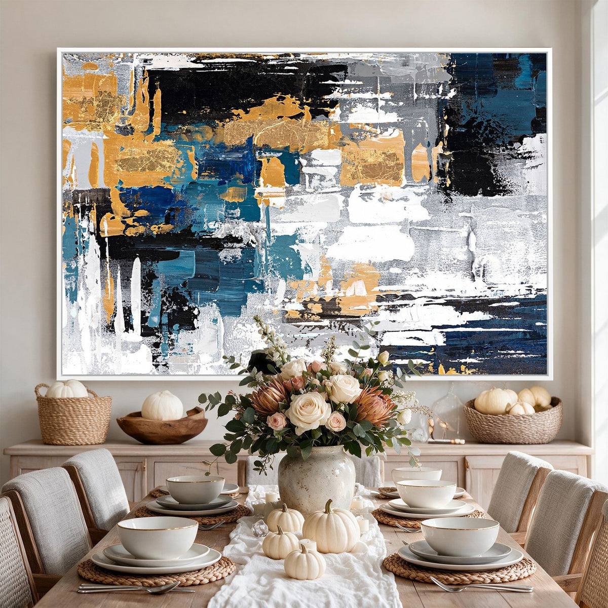57708-_Poster-30x20 - Blue and Gold Abstract Canvas Wall Art | Triptych Modern Art Print