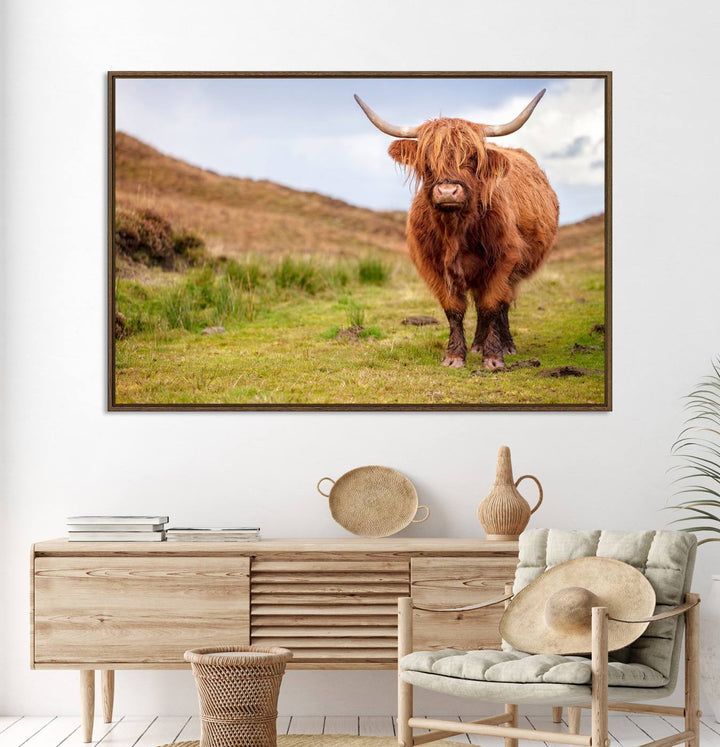 A Highland Cow Animal Canvas Wall Art hangs on the wall, adding warmth to the room.