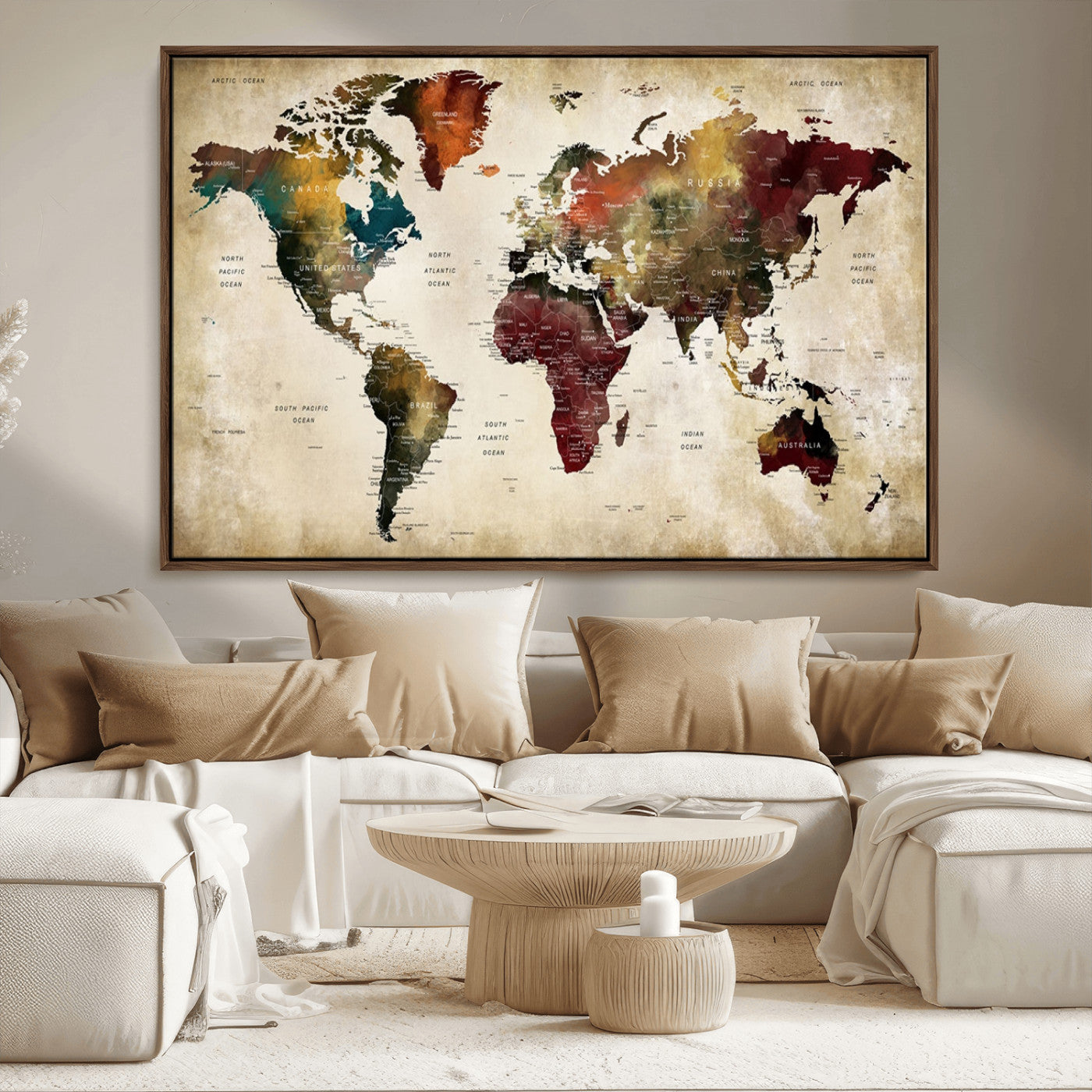 MGV-FC-36X24 - Large World Map Wall Art Canvas Print, Framed Push Pin Map Art Picture Print, Abstract Traveller Map Perfect Modern Decor Artwork