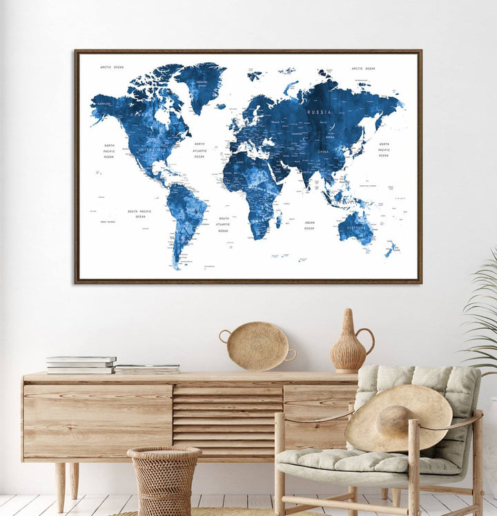 Navy Blue Wall Art World Map Canvas Print, an ideal piece for anyone seeking unique home or office decor.