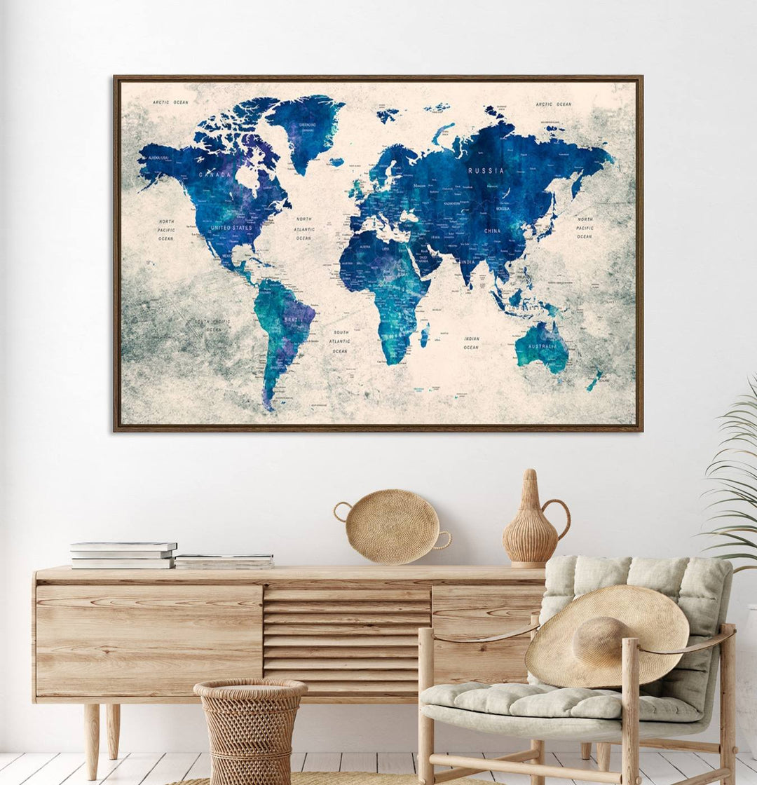 Navy Blue Push Pin World Map Canvas Print featuring a grunge-stained background, with labeled countries and oceans.