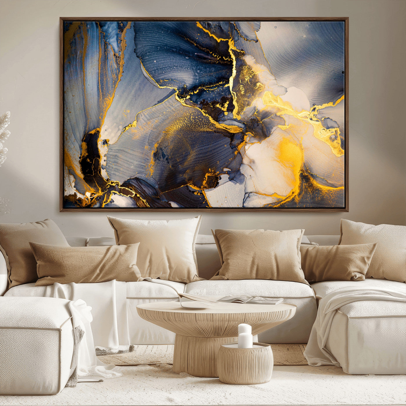 42100-MGV-FC-36X24_Walnut-Large Abstract Wall Art Print - Gold and Blue Abstract Canvas Wall Art | Fluid Ink Modern Luxury Wall Decor for Living Room Decor