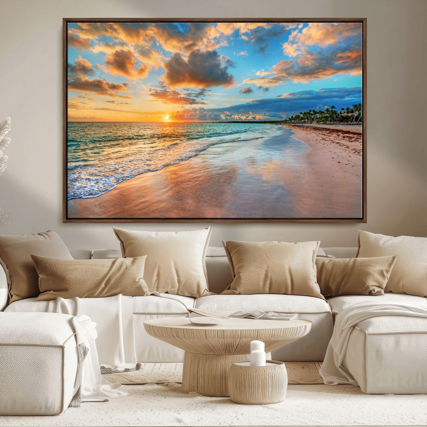 MGV-FC-36X24 - Sunset Ocean Waves on Tropical Beach, 3-Panel Giclee Canvas Art for Coastal Home Decor, Vibrant Palm-Lined Shore