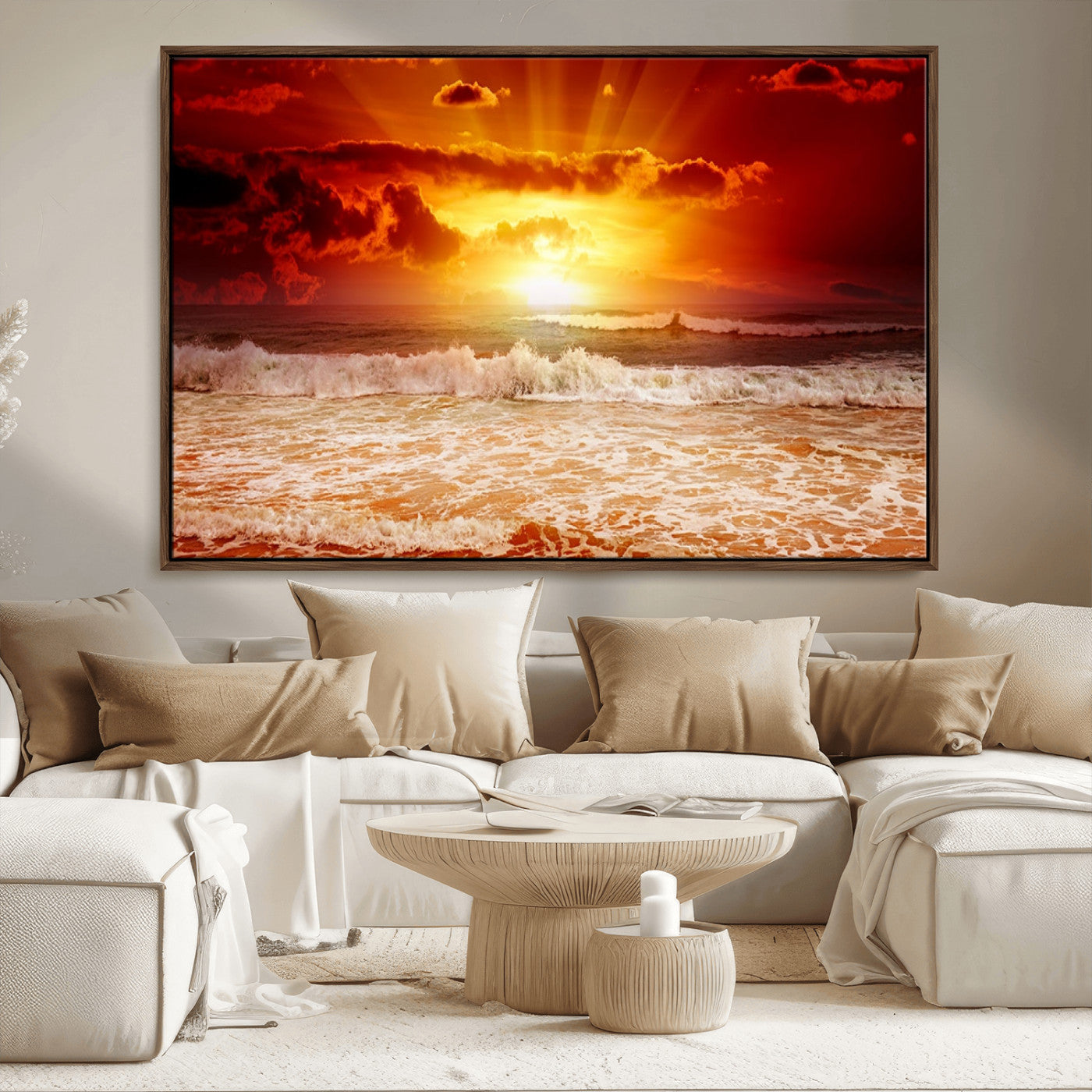 MGV-FC-36X24 - Red Sunset Ocean Beach Canvas Wall Art Beach Canvas, Coastal Sunset Print