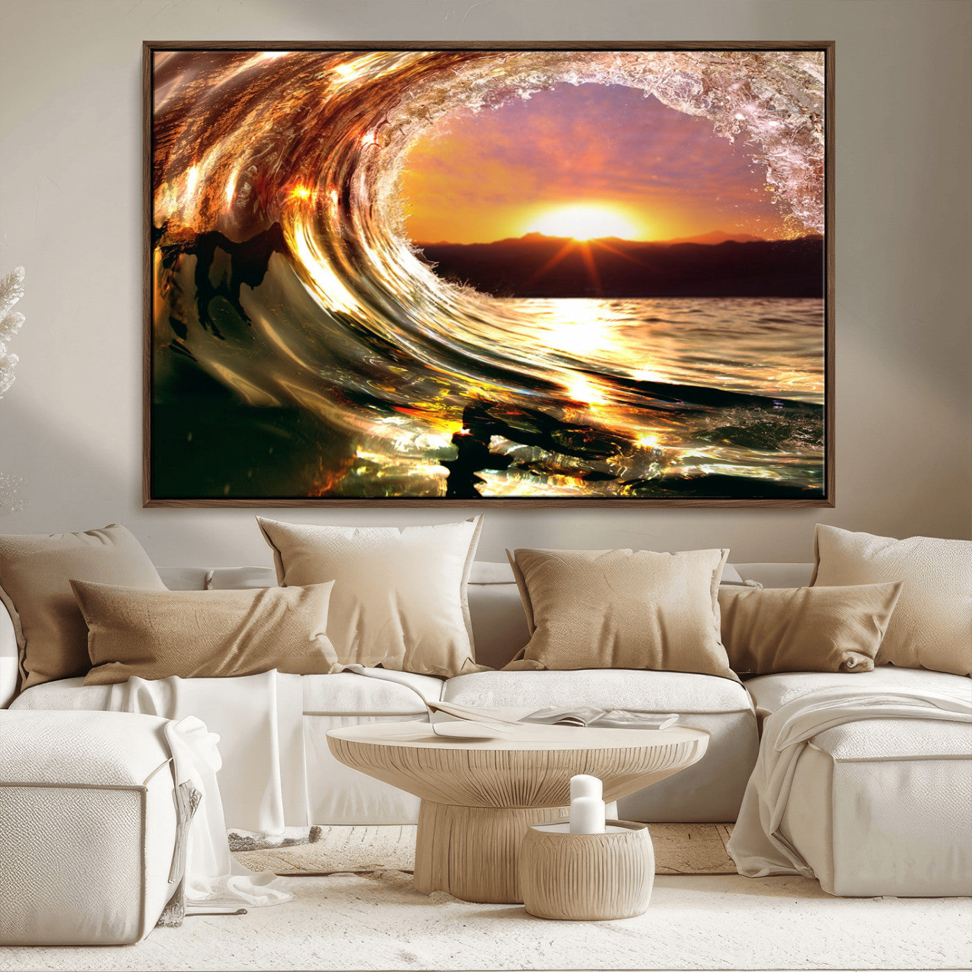 MGV-FC-36X24 - Golden Wave Sunset Triptych Canvas Art, Giclee Canvas Print of Ocean Wave and Sunset, Framed Ocean