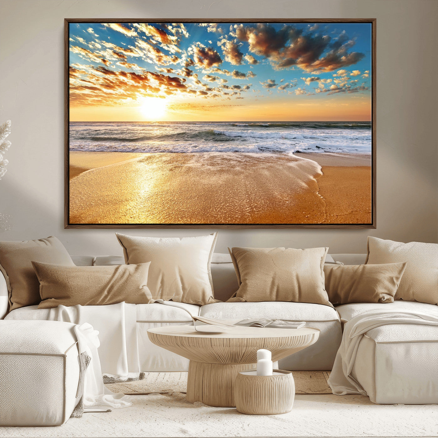 MGV-FC-36X24 - Golden Sunset Beach Print Canvas Wall Art, Giclee Canvas Print with Canon Print Quality, Triptych