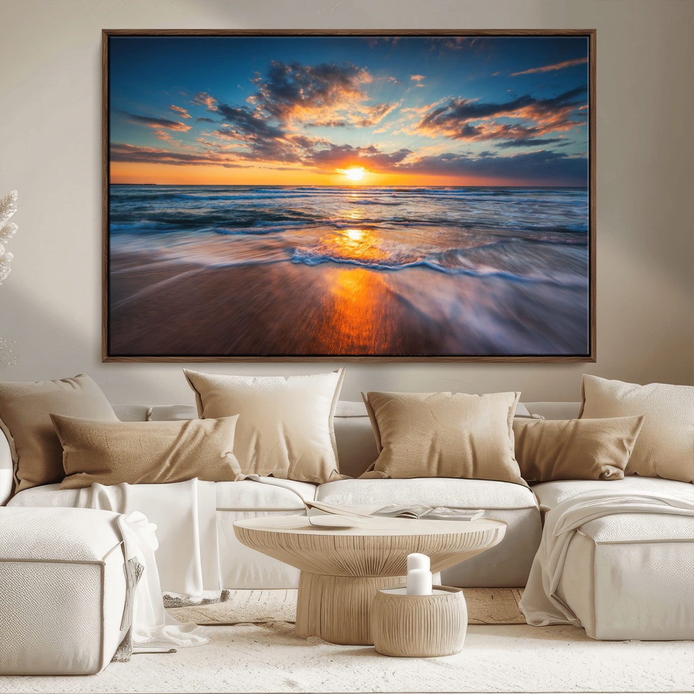 MGV-FC-36X24 - Sunset on the Ocean Beach with Waves, Reflections on Sand, Coastal Wall Art Print, Beach Wall Art,