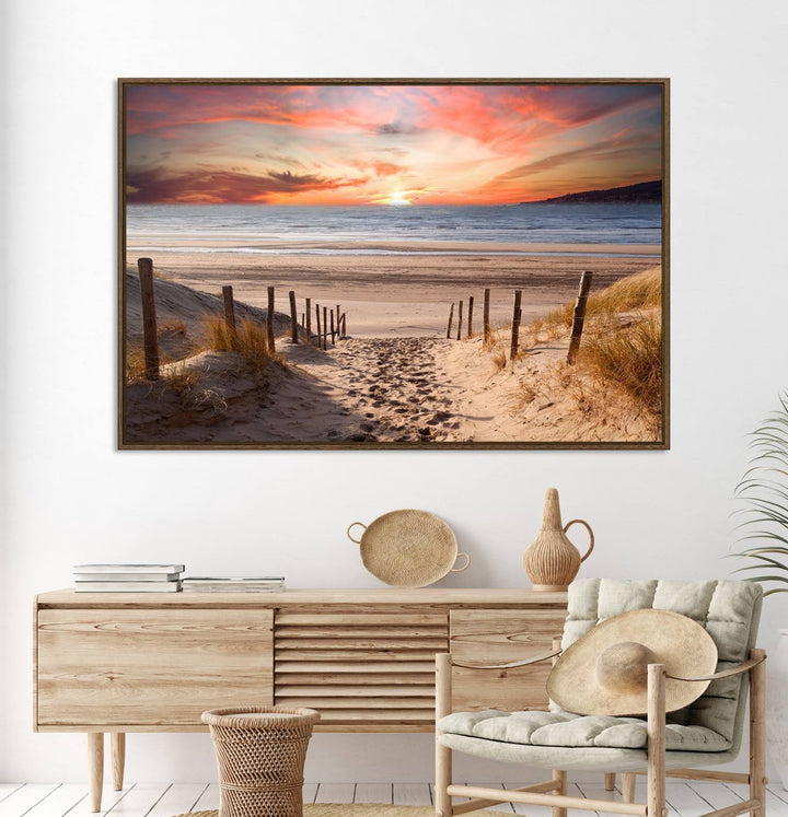 The Sunset on the Sea Wall Art Canvas Print beautifully captures a beach sunset and waves, enhanced with a UV-protective coating.