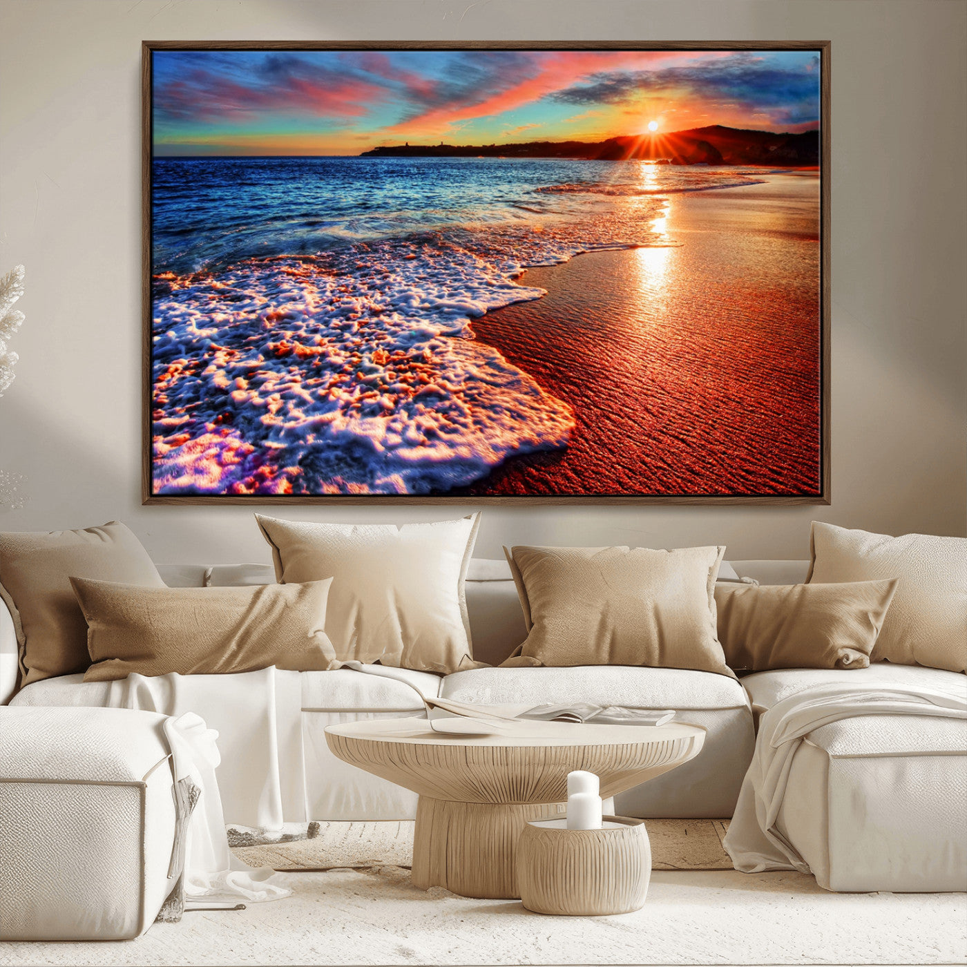 MGV-FC-36X24 - Colorful Coastal Sunset on the Beach Canvas Print, Ocean Waves Crashing at Dusk, Multi-Panel Seascape Vibrant Coastal Wall Art Canvas Print