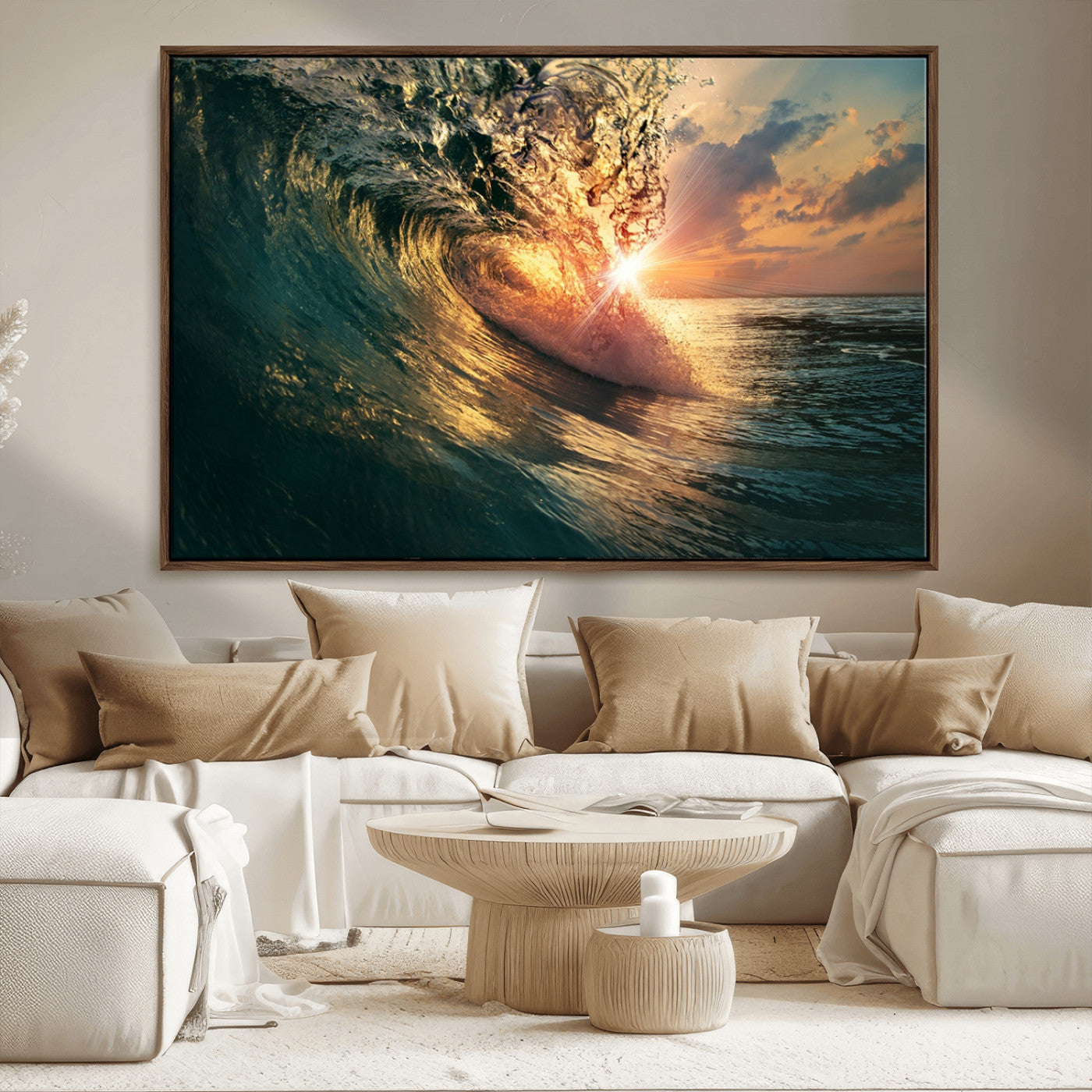 MGV-FC-36X24 - Ocean Wave Sunset Canvas Wall Art – Triptych Seascape Print – Framed and Ready to Hang for Living Room or Office