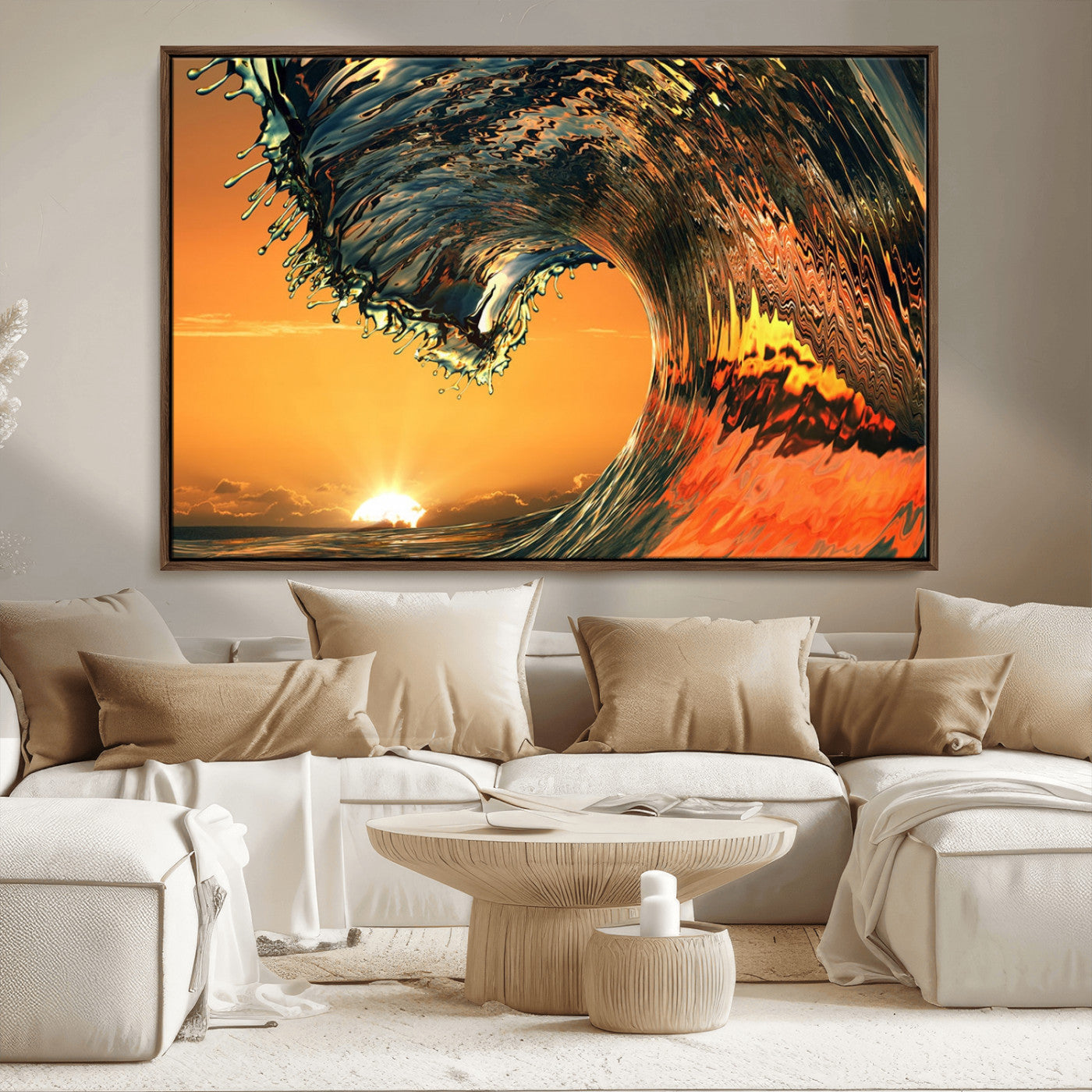 96977-MGV-FC-36X24_Walnut-Surf Wave Sunset Canvas Wall Art Print, 3-Panel Ocean Coastal Wall Art Print, Ocean Decor for