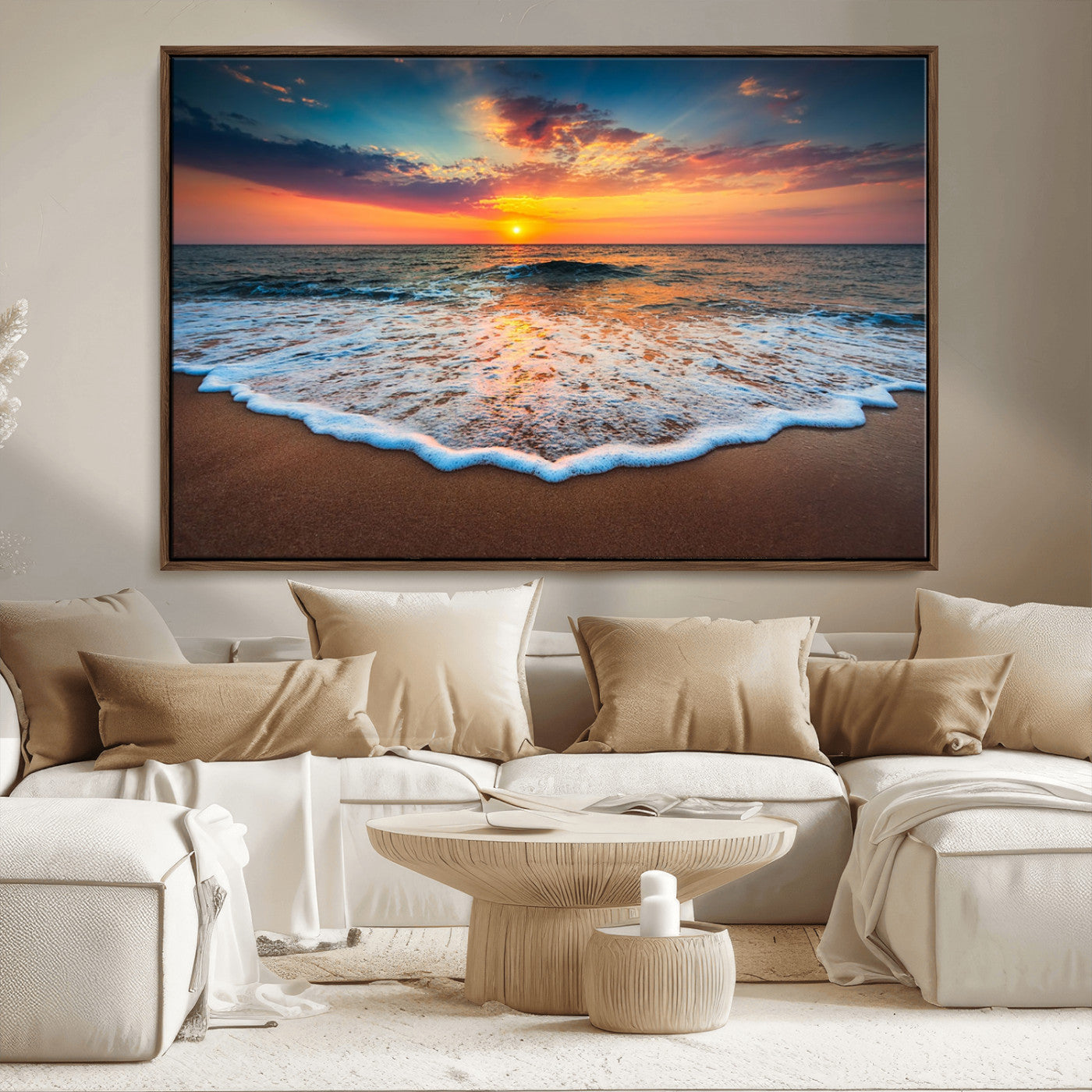 MGV-FC-36X24 - Sunset Beach Canvas Wall Art – Colorful Ocean Waves Triptych – Coastal Decor for Living Room or Bedroom – Framed and Ready to Hang