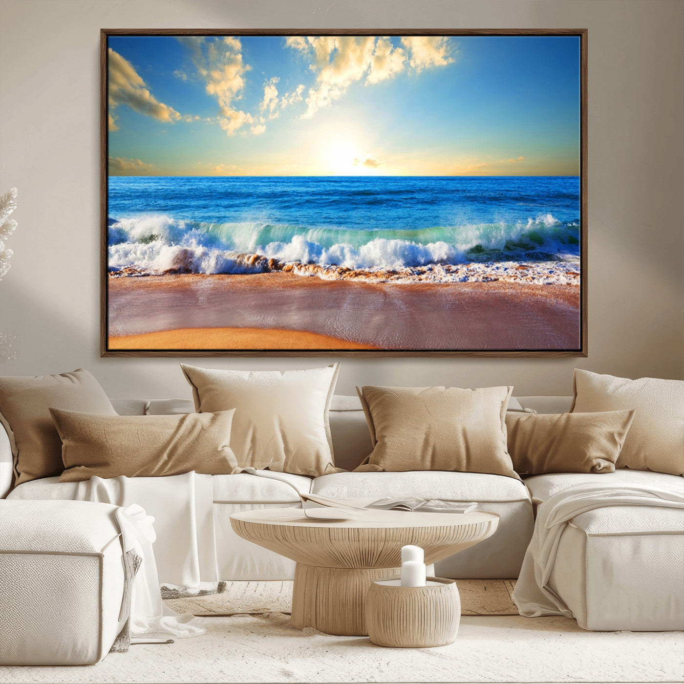 MGV-FC-36X24 - Tropical Beach Sunset Canvas Art, Ocean Waves and Sandy Shoreline Wall Art, Large Beach Decor for Coastal Homes