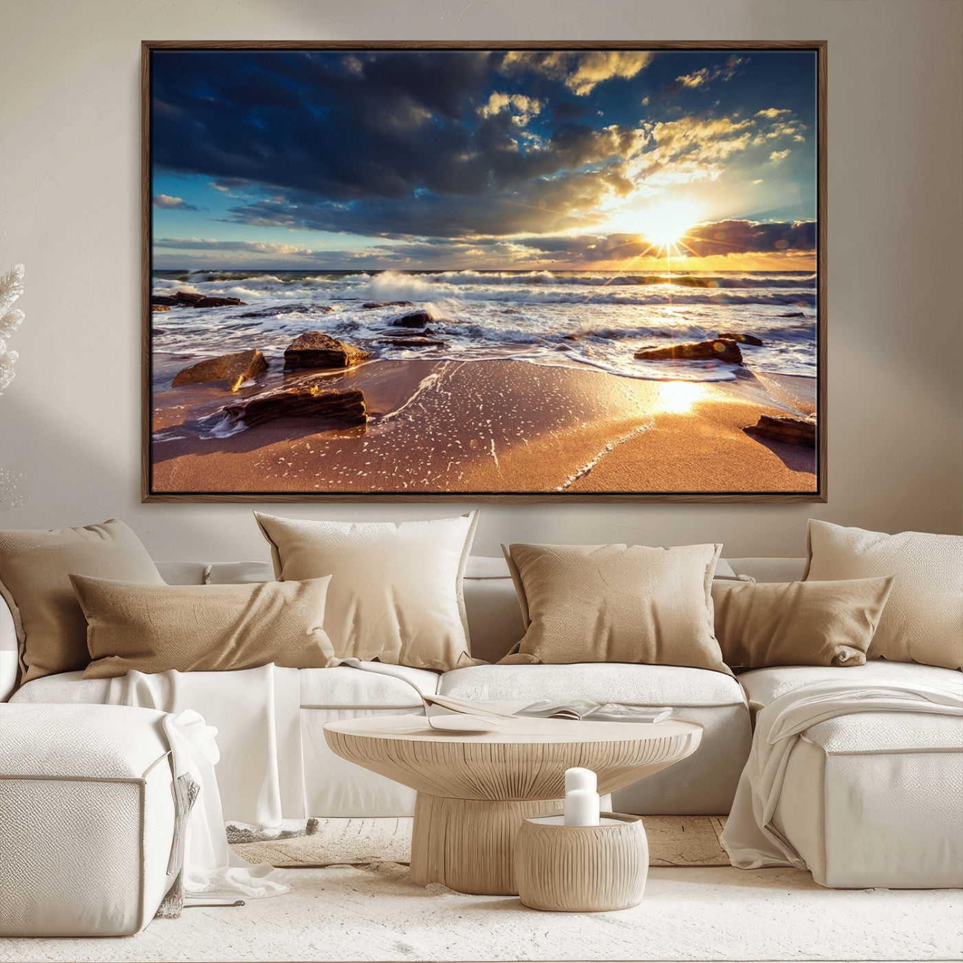 MGV-FC-36X24 - Golden Hour Beach Sunset Canvas Triptych, Ocean Waves and Rocks Wall Art for Coastal Home Decor