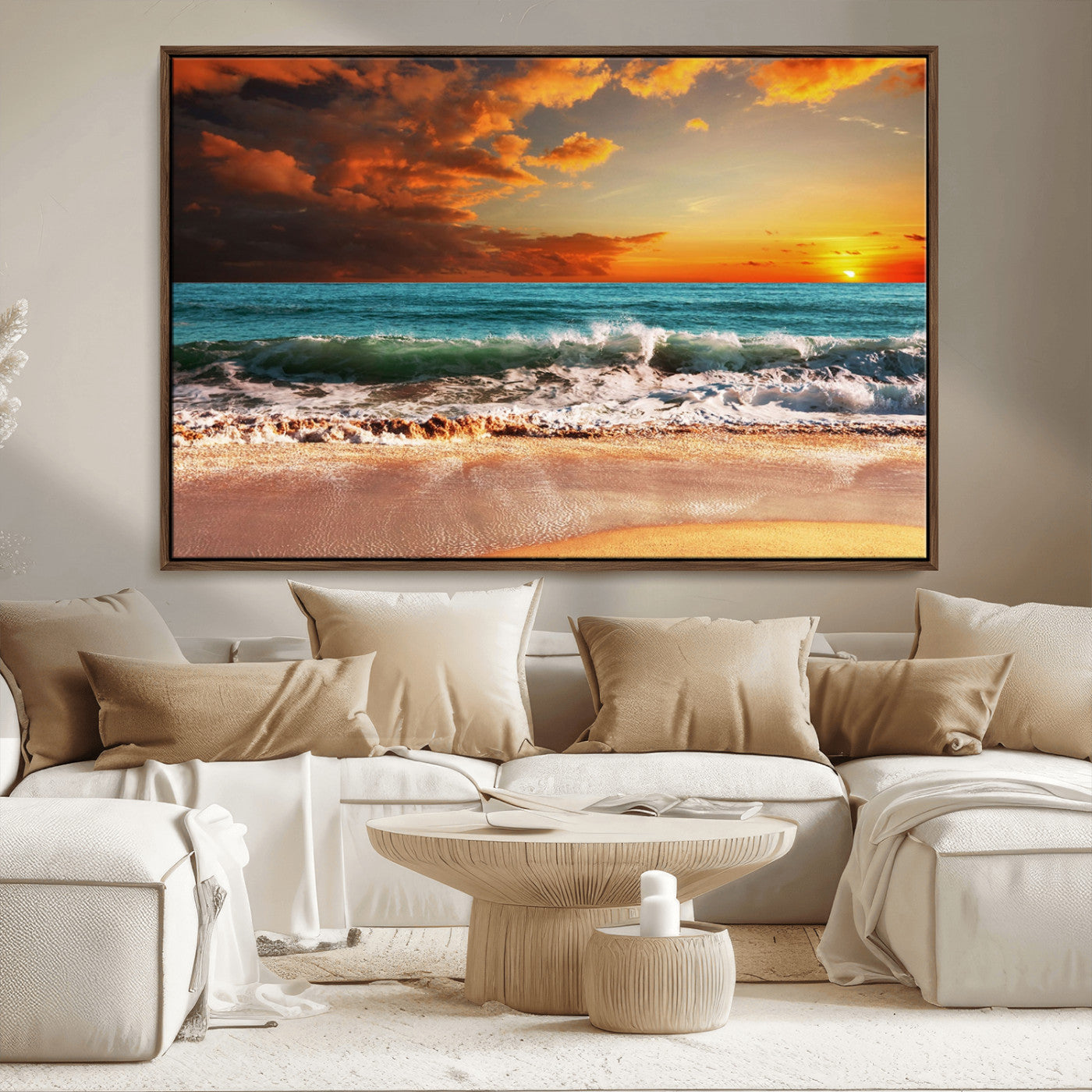 MGV-FC-36X24 - Golden Sunset Beach Canvas Wall Art – Triptych Seascape Print – Framed and Ready to Hang for Living Room or Office