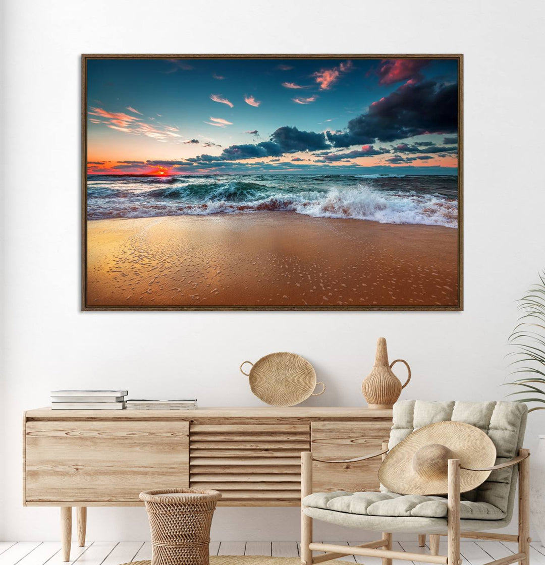 Sunset on Beach Wall Art: Waves under a vibrant sky. Crafted on museum-quality canvas, ready to hang and admire.