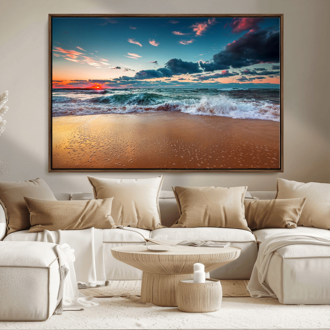 MGV-FC-36X24 - Sunset Ocean Beach Wall Art – Giclee Canvas Print, Coastal Seascape, Ready to Hang, Beach Decor, Large 3-Panel Set for Living Room