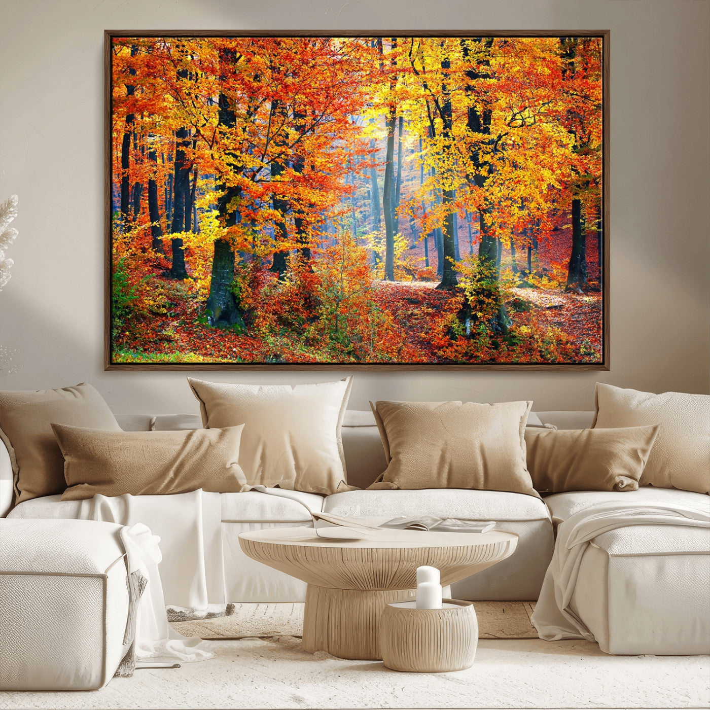 MGV-FC-36X24 - Autumn Red Forest Triptych Canvas Wall Art Print, Forest Wall Decor, Fall Landscape Art | Season Nature Landscape for Home or Office