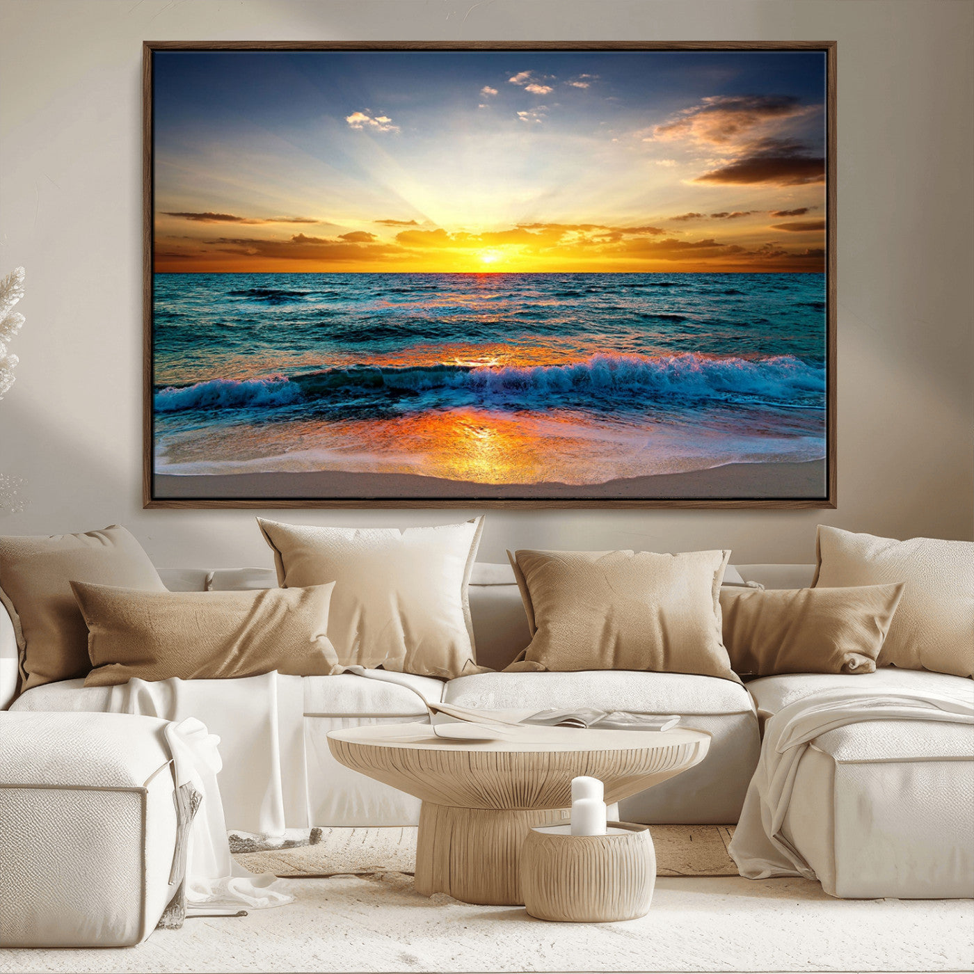 MGV-FC-36X24 - Vibrant Ocean Sunrise Over Golden Beach Waves, Giclee Canvas Wall Art Set, High-Quality Stretched Canvas Print, Ready to Hang Coastal Sunset Wall