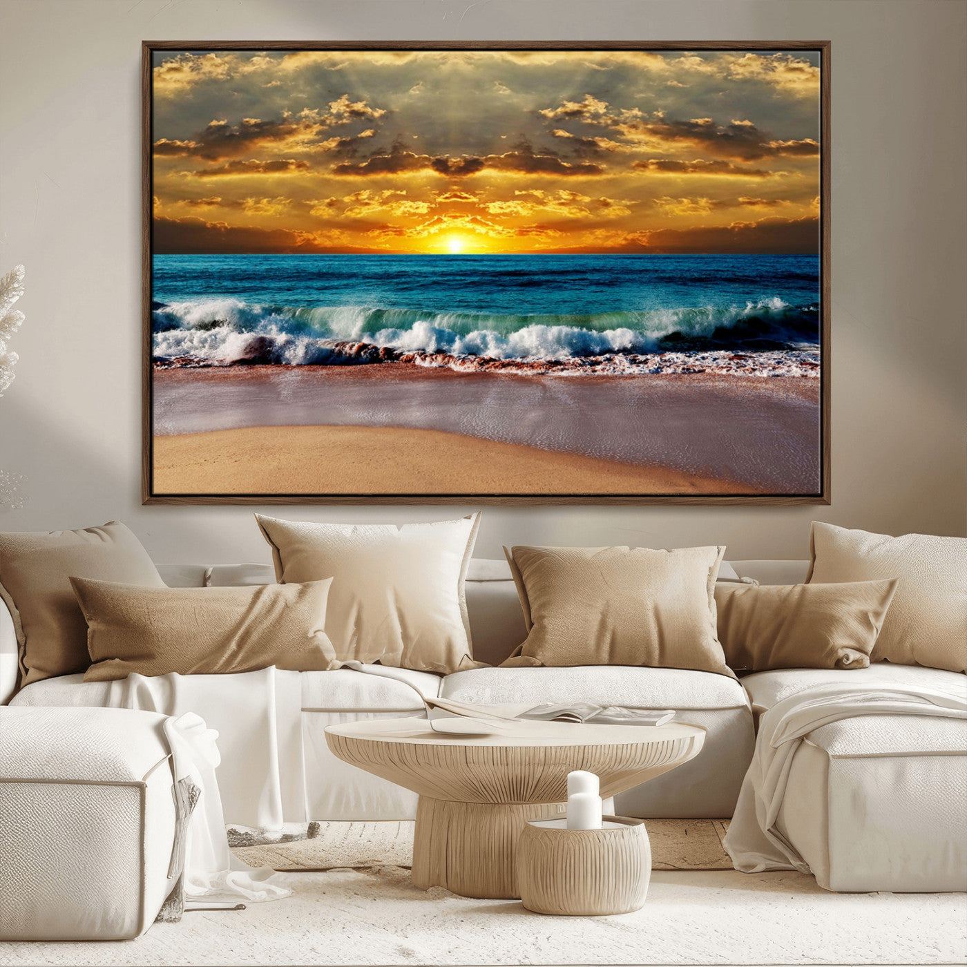 MGV-FC-36X24 - Ocean Sunrise Over Golden Beach Waves, Giclee Canvas Wall Art Set, High-Quality Stretched Canvas Print, Ready to Hang Coastal Sunset Wall Decor