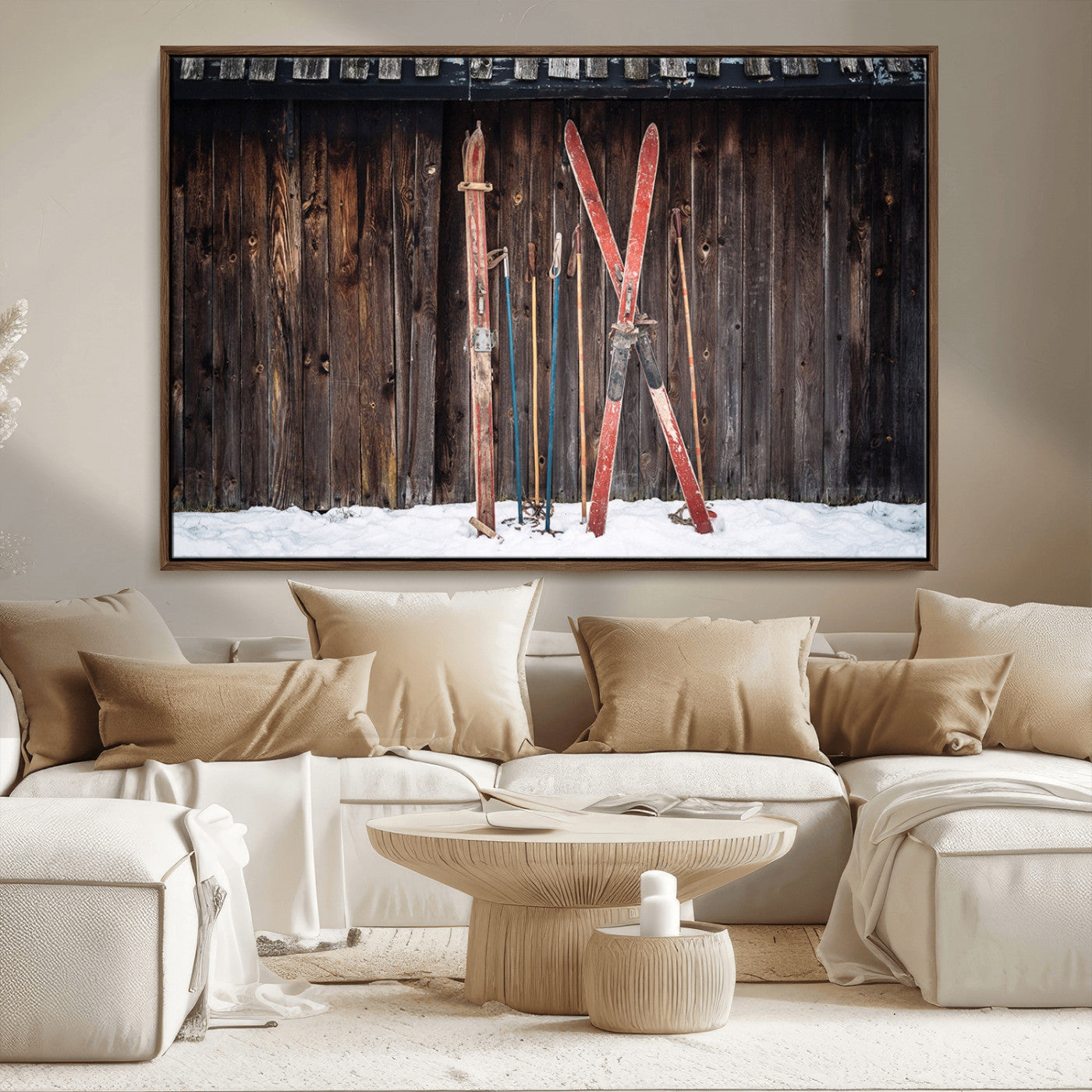 MGV-FC-36X24 - Vintage Ski Gear Against Wooden Cabin Wall, Rustic Winter Sports Equipment Canvas Print, Ready to Hang Wall Art, Perfect for Lodge or Ski Cabin Decor