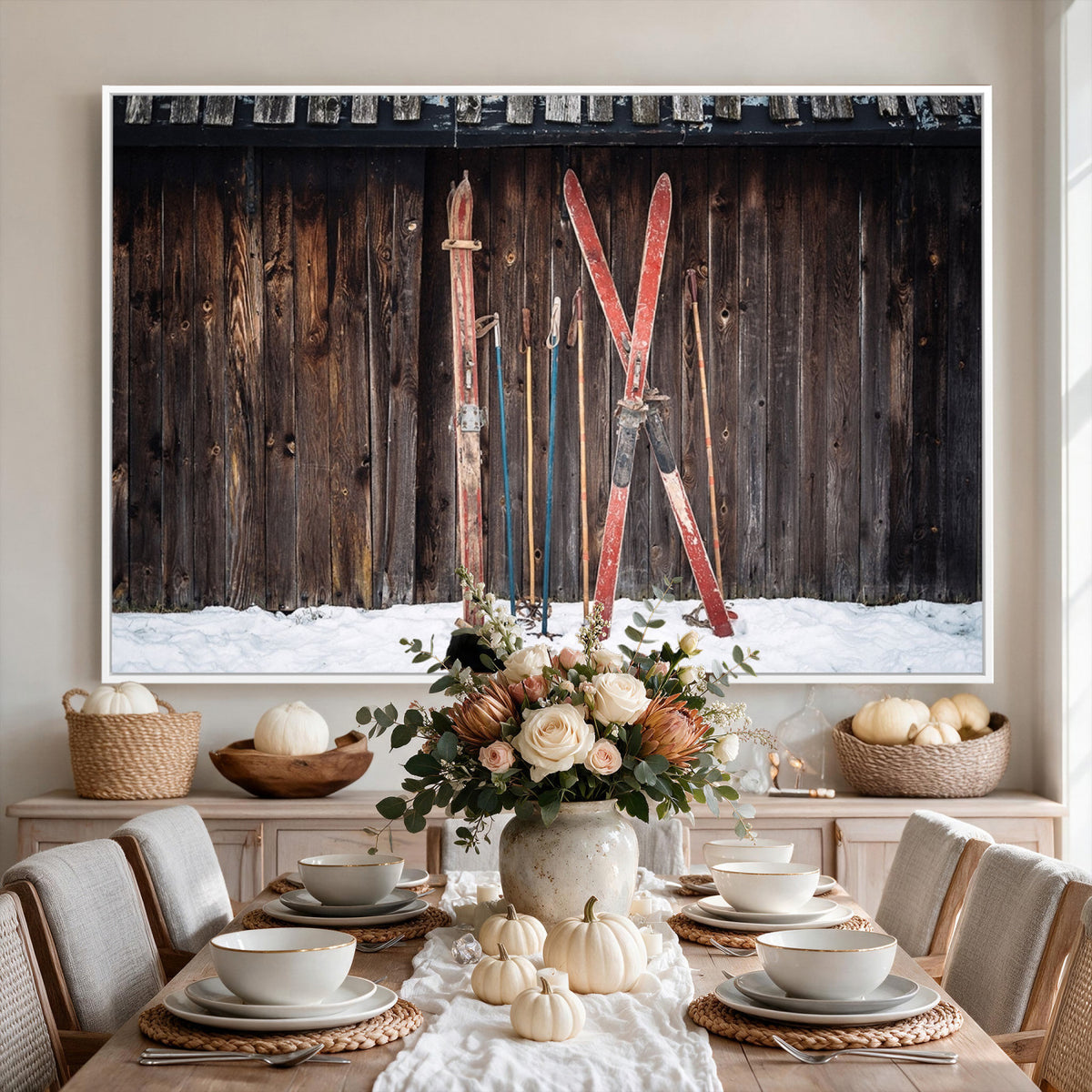 78590-MGV-CV-36X24 - Vintage Ski Gear Canvas Print, Vintage Ski Gear Against Wooden Cabin Wall