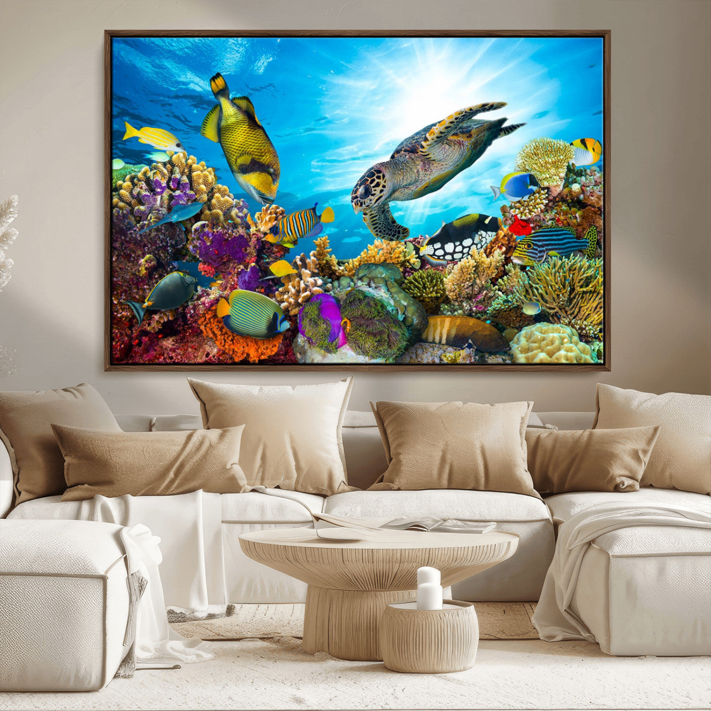 MGV-FC-36X24 - Sea Turtle Coral Reef Wall Art Print – Colorful Underwater Canvas Print – Tropical Ocean Marine Life Artwork – Perfect for Coastal Home Decor