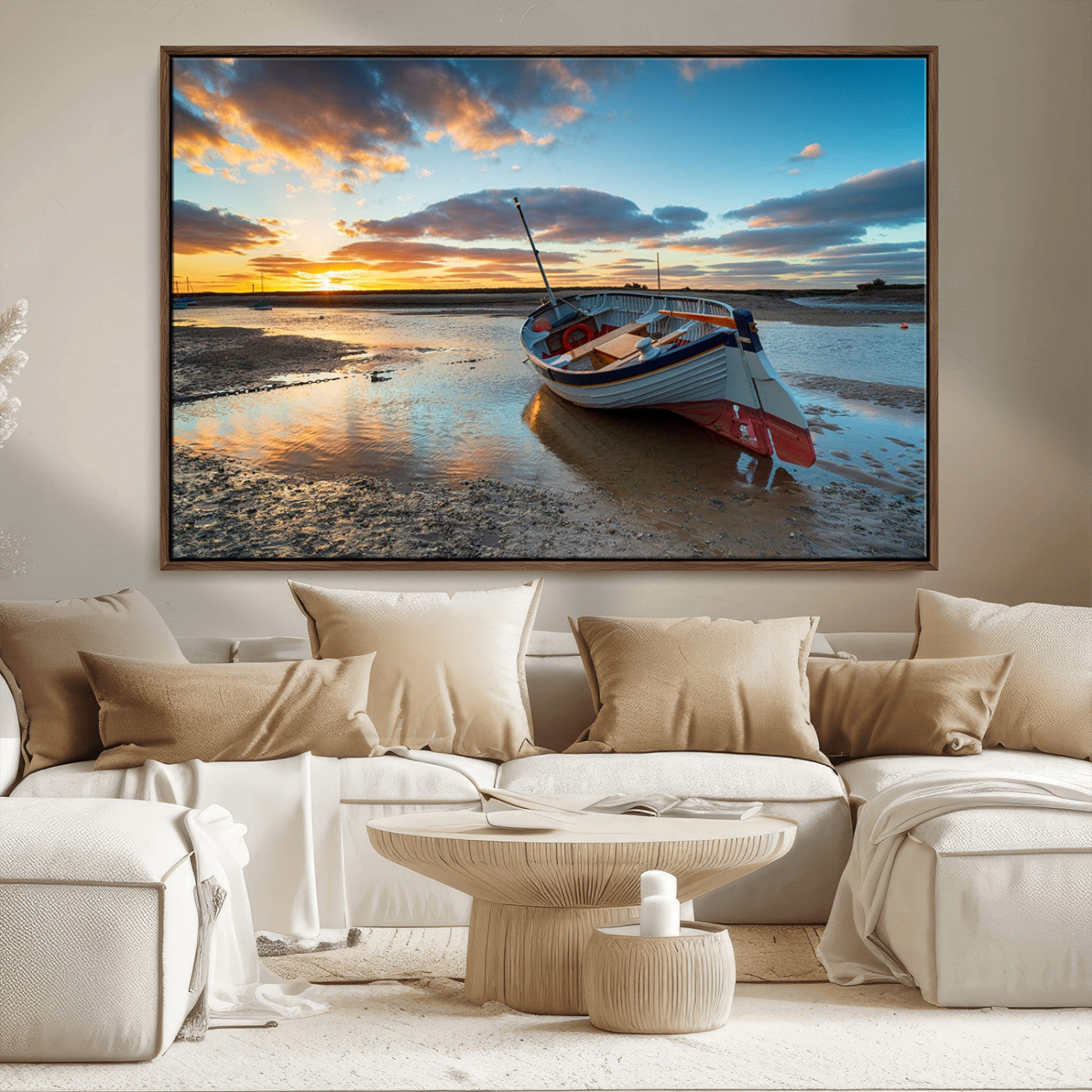 MGV-FC-36X24 - Small Boat At The Beach Sunset Wall Art, Boat Sunset Wall Art Canvas Print