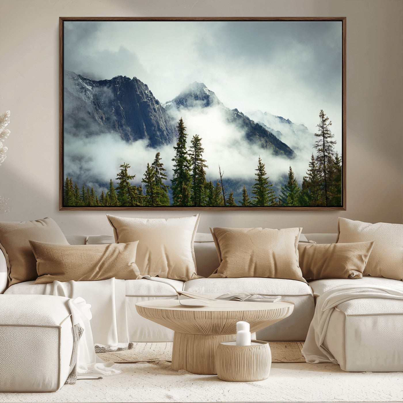 MGV-FC-36X24 - Mountain Mist Canvas Wall Art | 3-Panel Foggy Forest and Mountain Landscape | Large Giclee Print for Living Room, Office, or Cabin, Farmhouse Decor