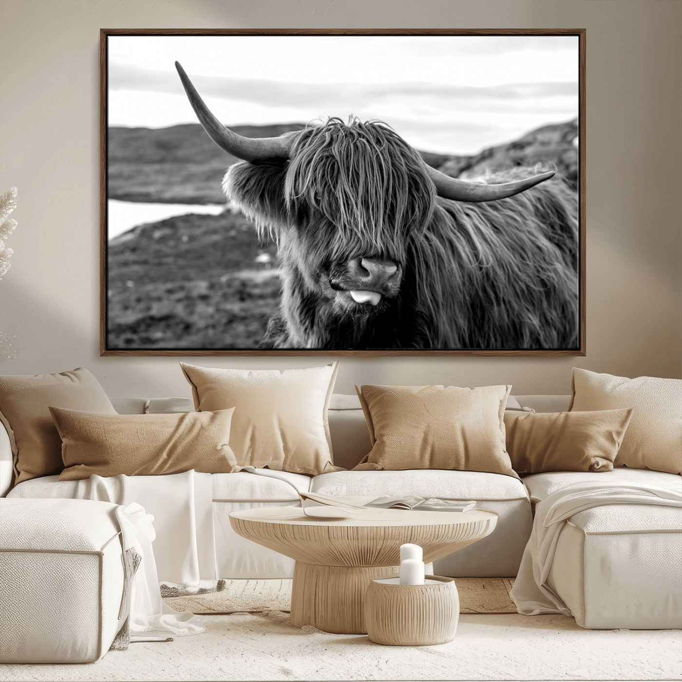 MGV-FC-36X24 - Highland Cow Canvas Wall Art – Black and White Animal Portrait – Framed and Ready to Hang Rustic Farmhouse Decor for Living Room or Office