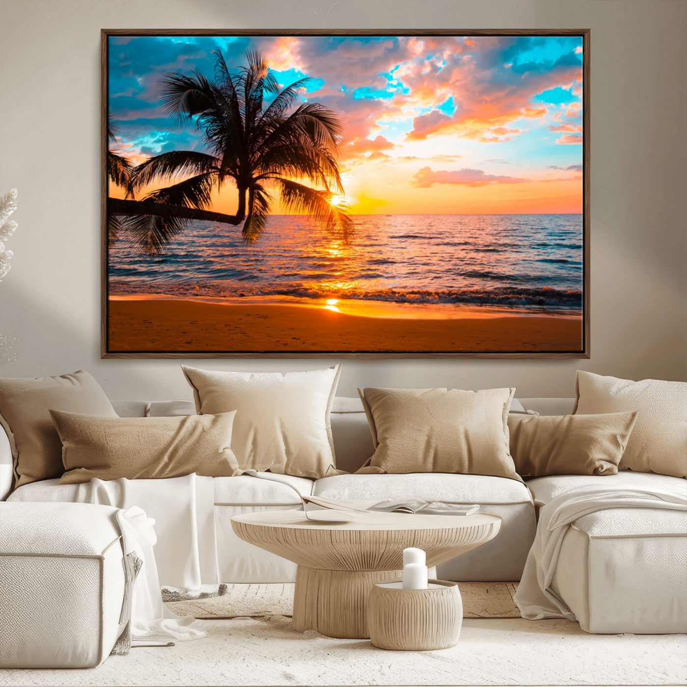 34674-MGV-FC-36X24_Walnut-Palm Tree Sunset On The Beach Wall Art Canvas, Framed Palm Tree Sunset Canvas Print