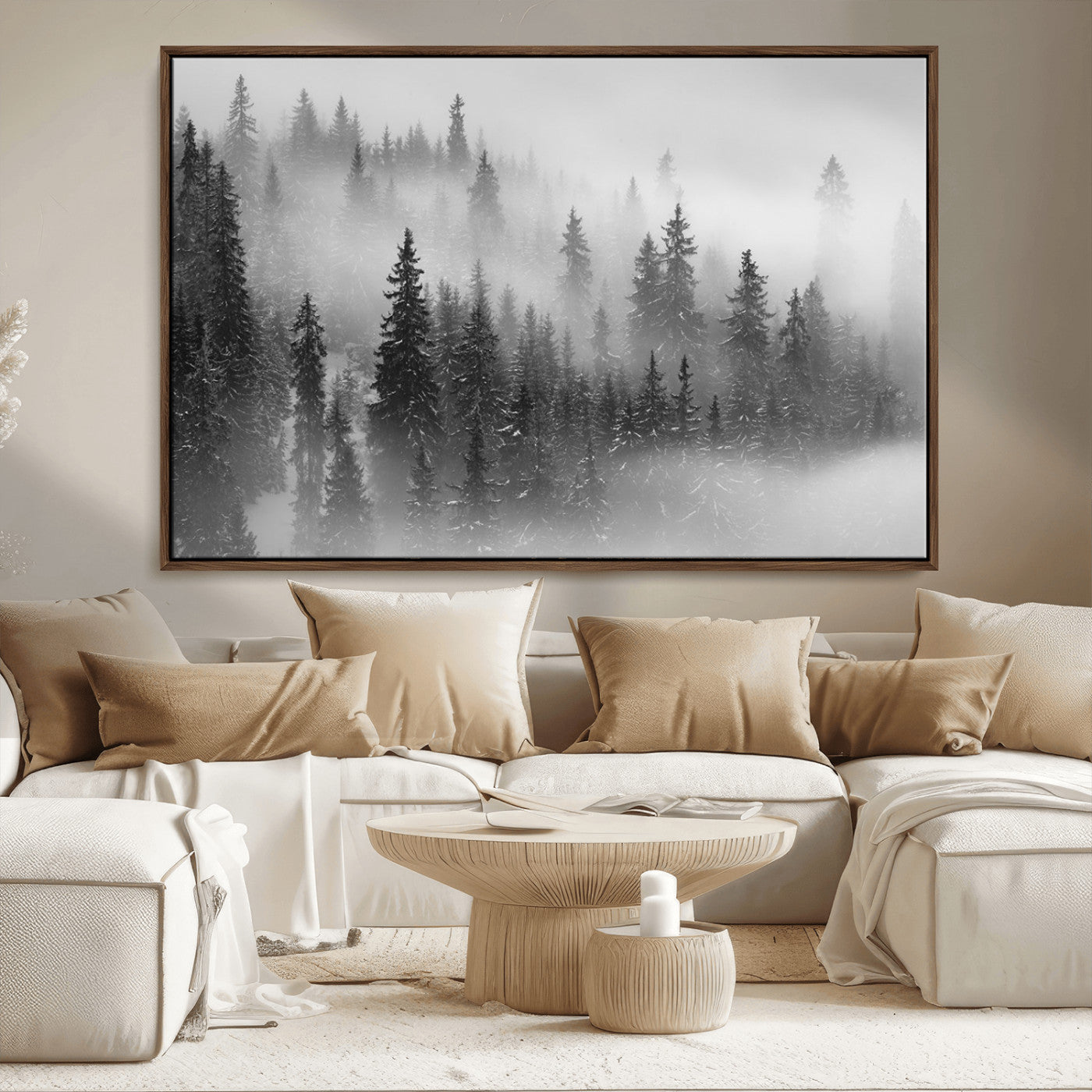 MGV-FC-36X24 - Black and White Forest Wall Art Print – Misty Pine Tree Canvas Print – Winter Woodland Nature Artwork – Perfect for Minimalist Home Decor