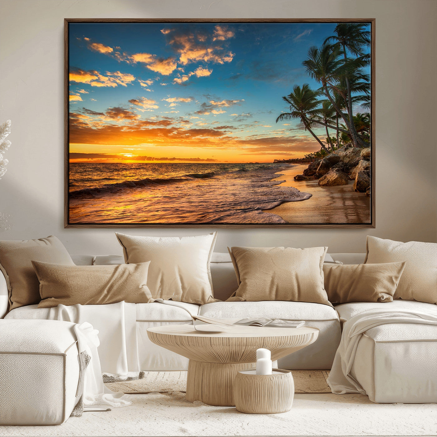 MGV-FC-36X24 - Tropical Beach Sunset Wall Art Print – Palm Tree Coastal Canvas Print – Ocean Seascape Artwork – Perfect for Tropical Modern Home Decor