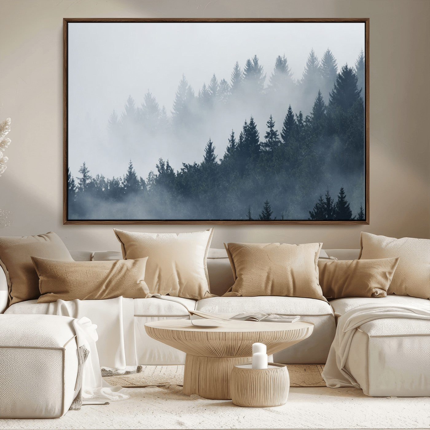 MGV-FC-36X24 - Misty Forest Wall Art Print – Foggy Pine Tree Canvas Print – Dark Woodland Nature Artwork – Perfect for Minimalist and Modern Home Decor