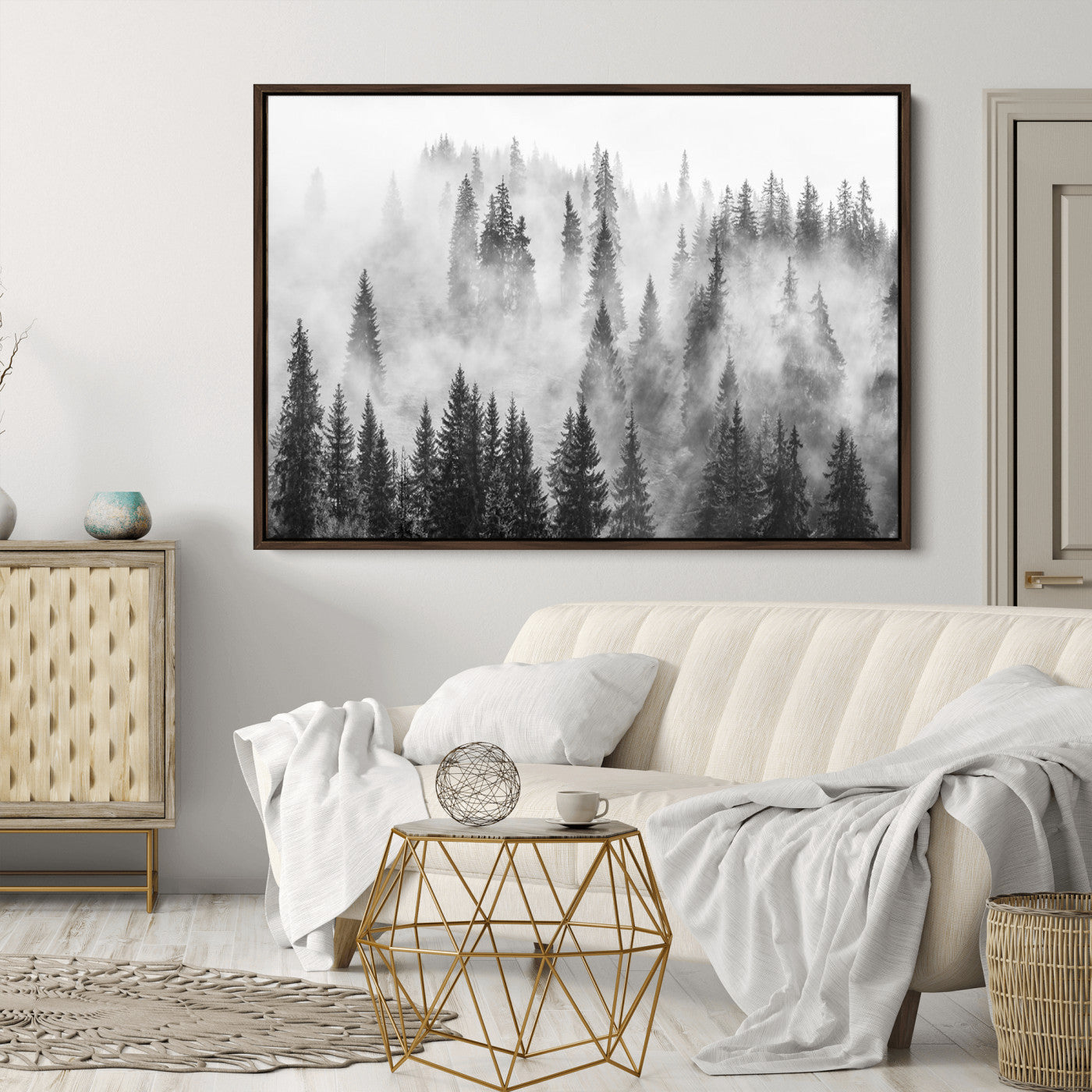 10422-MGV-CV-36X24-Forest Wall Art Print | Foggy Pine Forest Canvas Wall Art - Black and White Nature Decor for Living Room