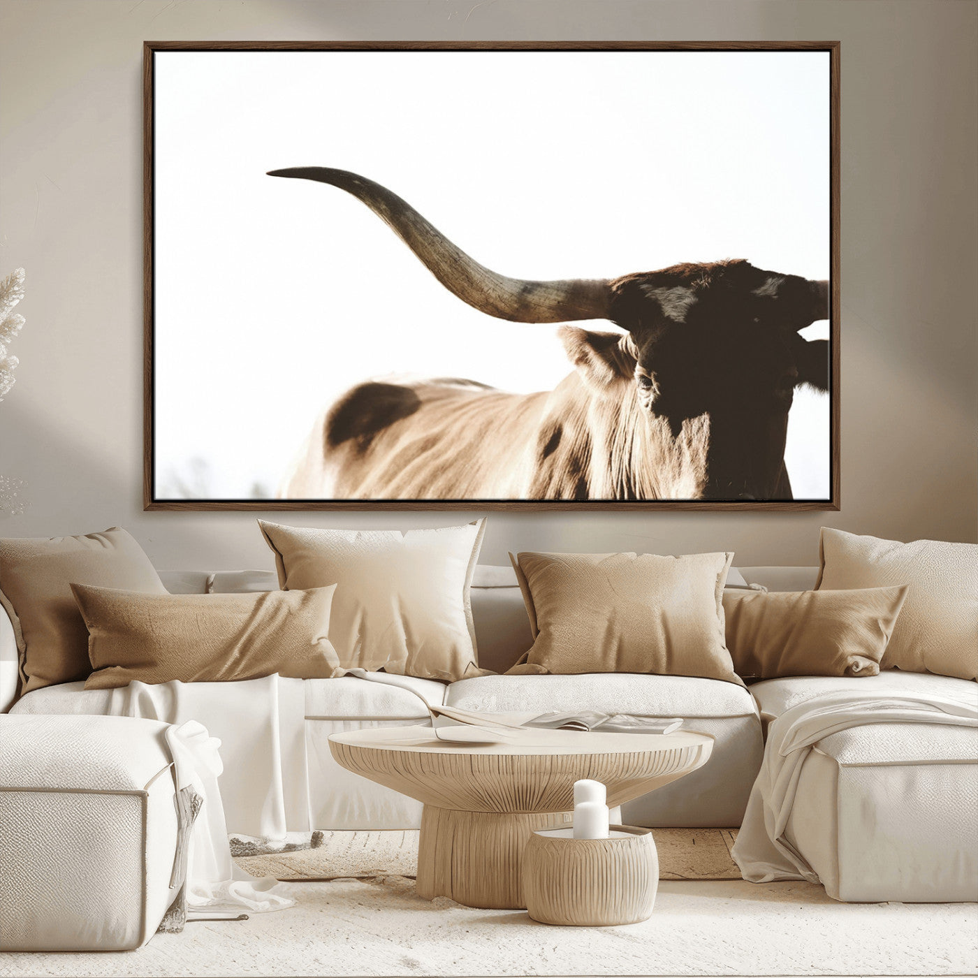MGV-FC-36X24 - Texas Longhorn Wall Art Canvas Print | 3-Panel Large Longhorn Canvas Print for Living Room, Framed Gallery Wrap Office, Rustic Western Cowboy Decor