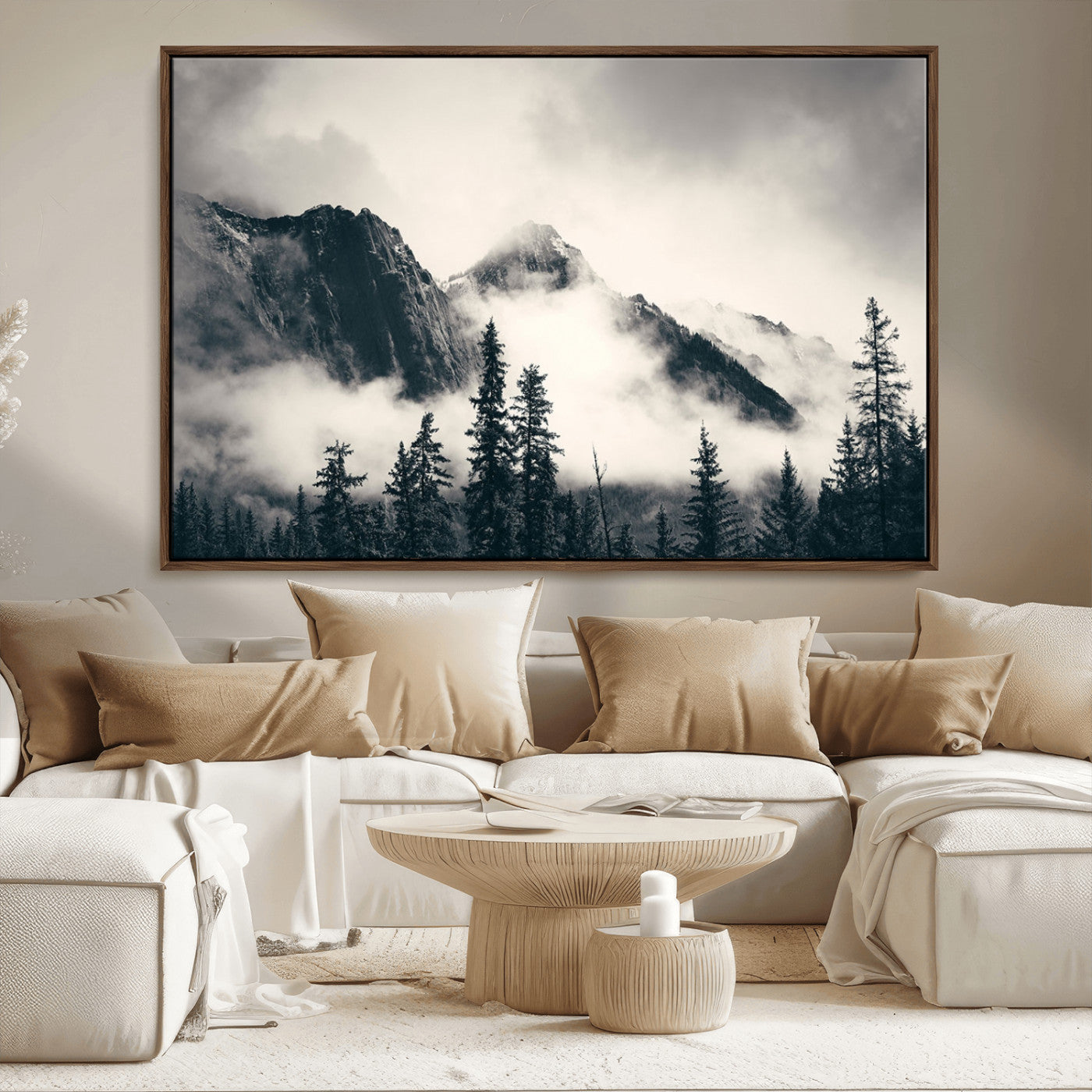 MGV-FC-36X24 - Large Foggy Mountain Forest Wall Art Canvas Print | Misty Mountain Peaks and Pine Trees Print | Framed Gallery Wrap | Rustic Nature Farmhouse Decor