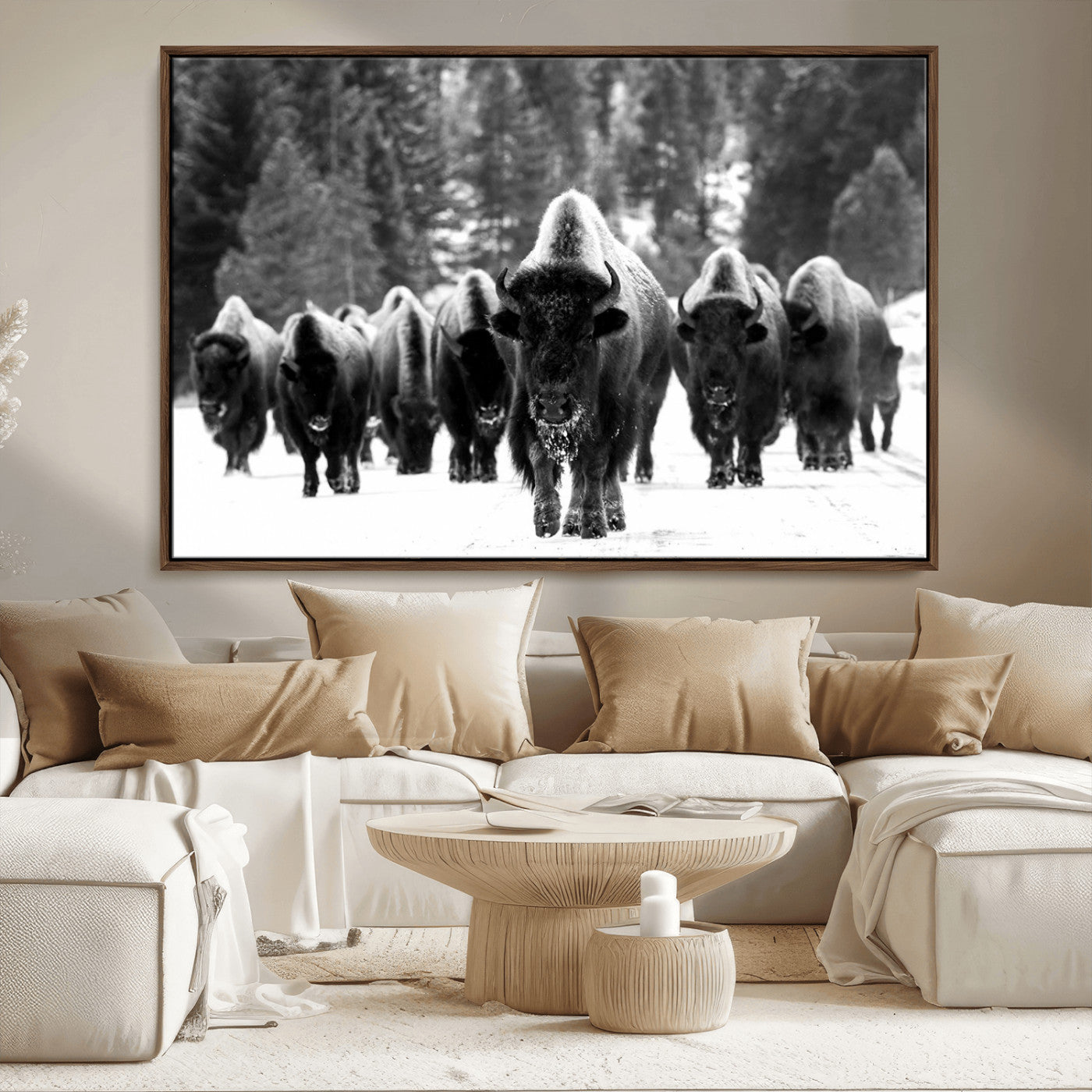 62434-MGV-FC-36X24_Walnut-Bison Herd in Snow Wall Art Canvas Print | Rustic Western Bison Wall Art for Decor for Living Room,