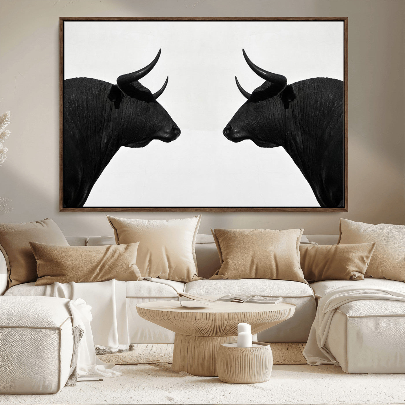 16038-MGV-FC-36X24_Walnut-Spanish Bull Art - Framed Black and White Bull Canvas Print for Modern Rustic Home or Office Decor