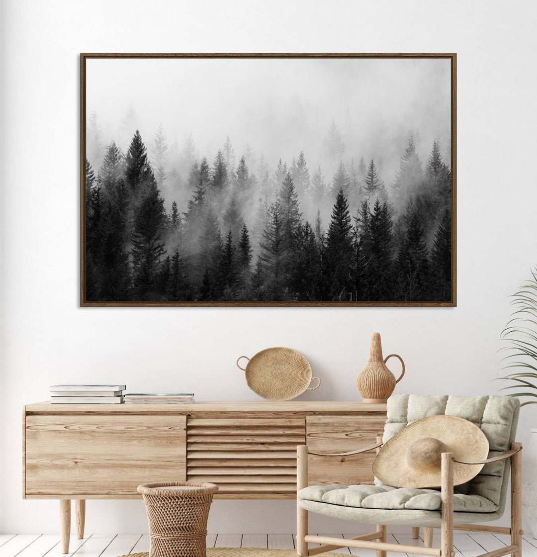 Black and white canvas art depicts a misty pine forest, offering a dense landscape that appeals to nature and woodland art lovers.