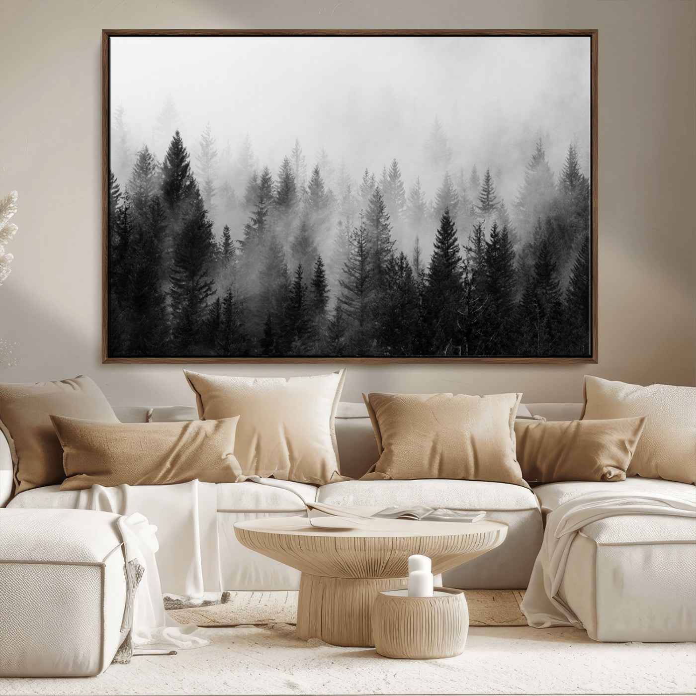 MGV-FC-36X24 - Foggy Black and White Forest Wall Art, 3 Panel Misty Pine Trees Canvas Print for Living Room, Office, or Bedroom, Nature-Inspired Woodland Wall Decor