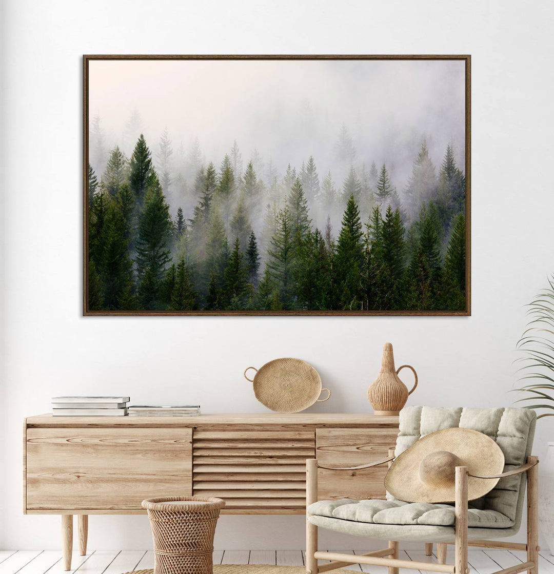 A serene, foggy evergreen forest creates a mysterious atmosphere, ideal for premium canvas wall art.