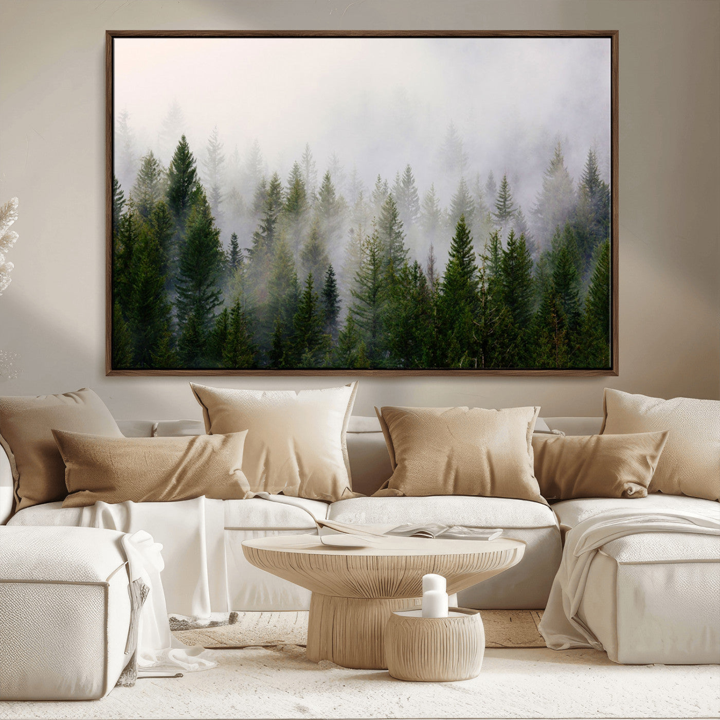 MGV-FC-36X24 - Misty Pine Forest Wall Art Canvas Print | 3 Panel Green Woodland Canvas Print for Living Room, Office, or Dining Room | Nature Foggy Forest Decor