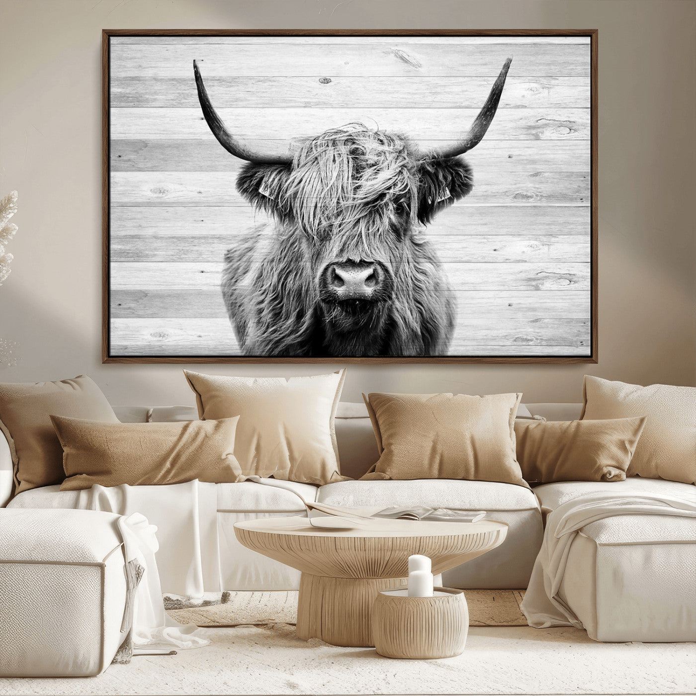 MGV-FC-36X24 - Scottish Highland Cow Cattle Art Print on Wood Background Style