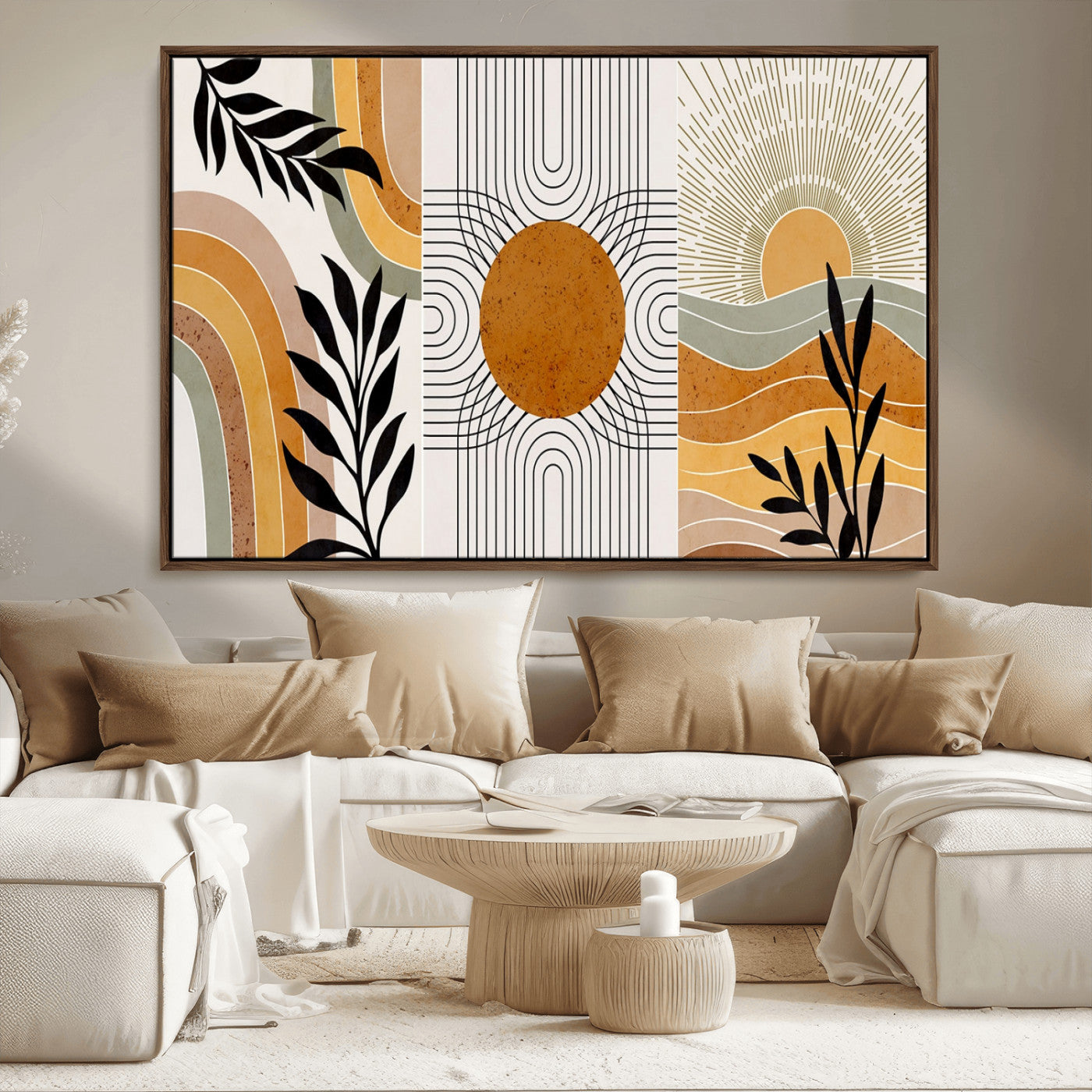 MGV-FC-36X24 - Modern Boho Sun and Leaf Abstract Art – 3-Panel Giclée Canvas for Mid-Century Modern or Bohemian