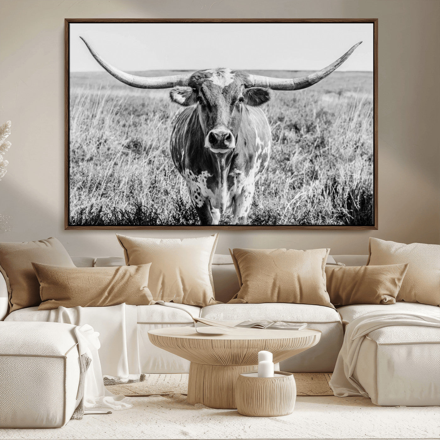 MGV-FC-36X24 - Texas Cow Longhorn Wall Art Canvas Print for Farm House Wall Decor, Farmhouse Wall Art Print