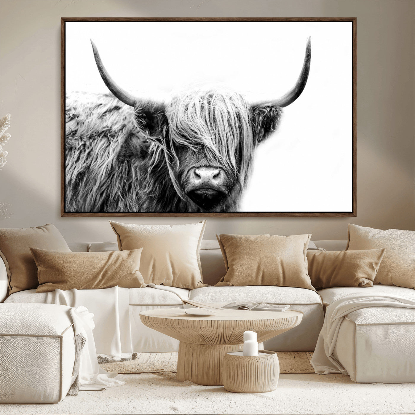 MGV-FC-36X24 - Black White Scottish Highland Cow Cattle Art Print Farmhouse Wall Art Canvas Print