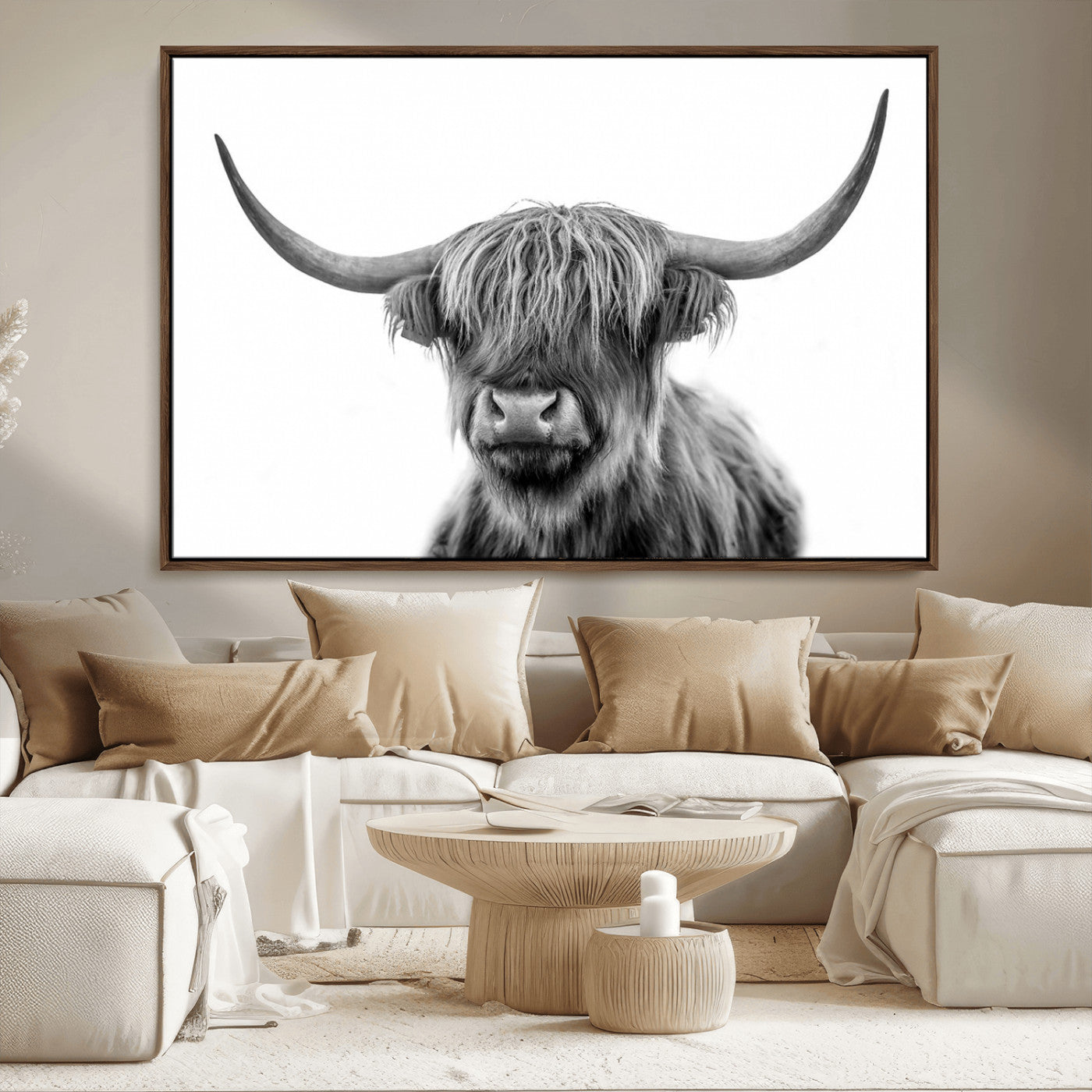 MGV-FC-36X24 - Grayscale Scottish Highland Cow Cattle Art Print Farmhouse Wall Art Canvas Print